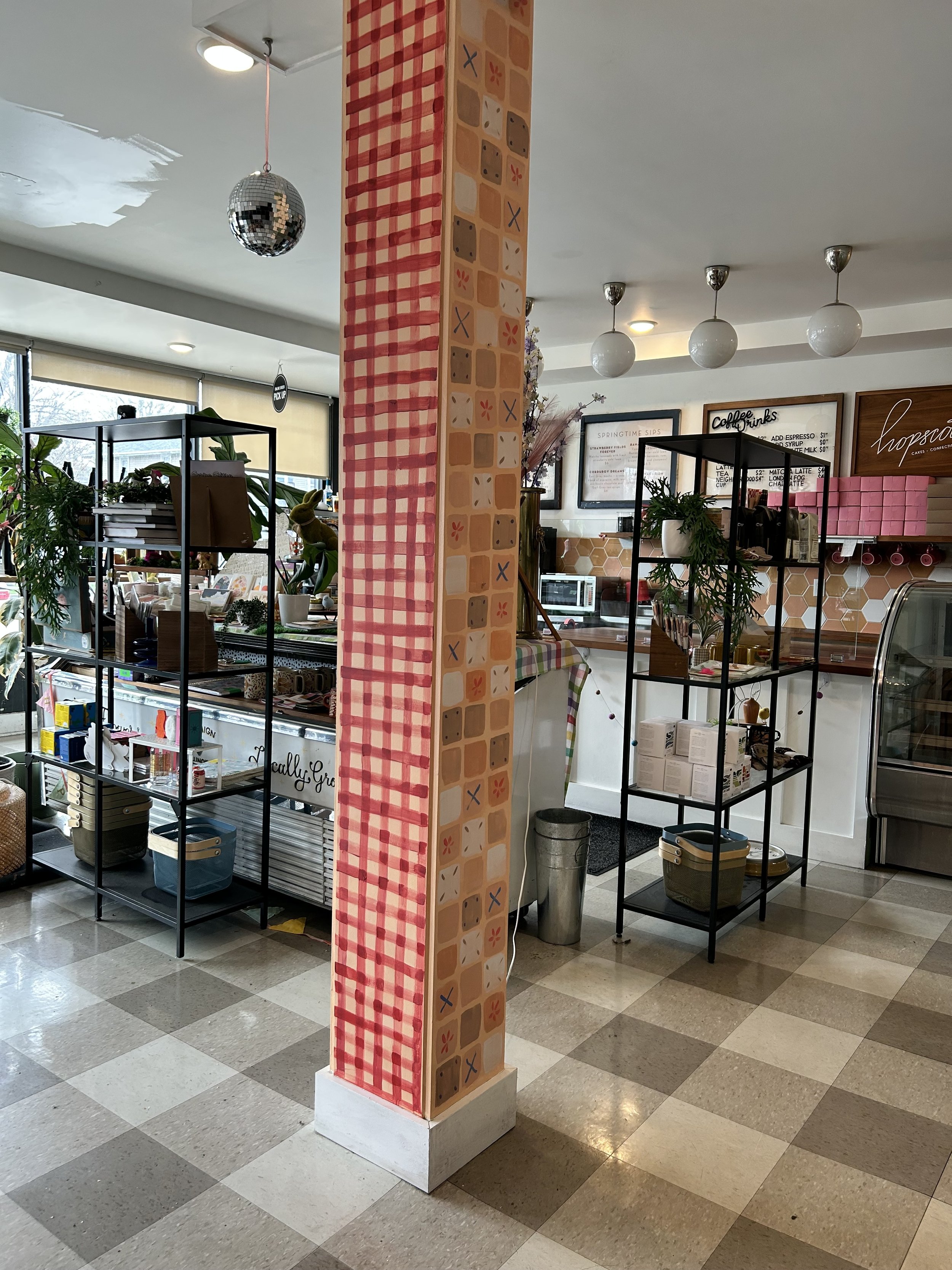 pillar upgrade  painted by Leslie Kimble Art, Champaign Illinois at Hopscotch Bakery