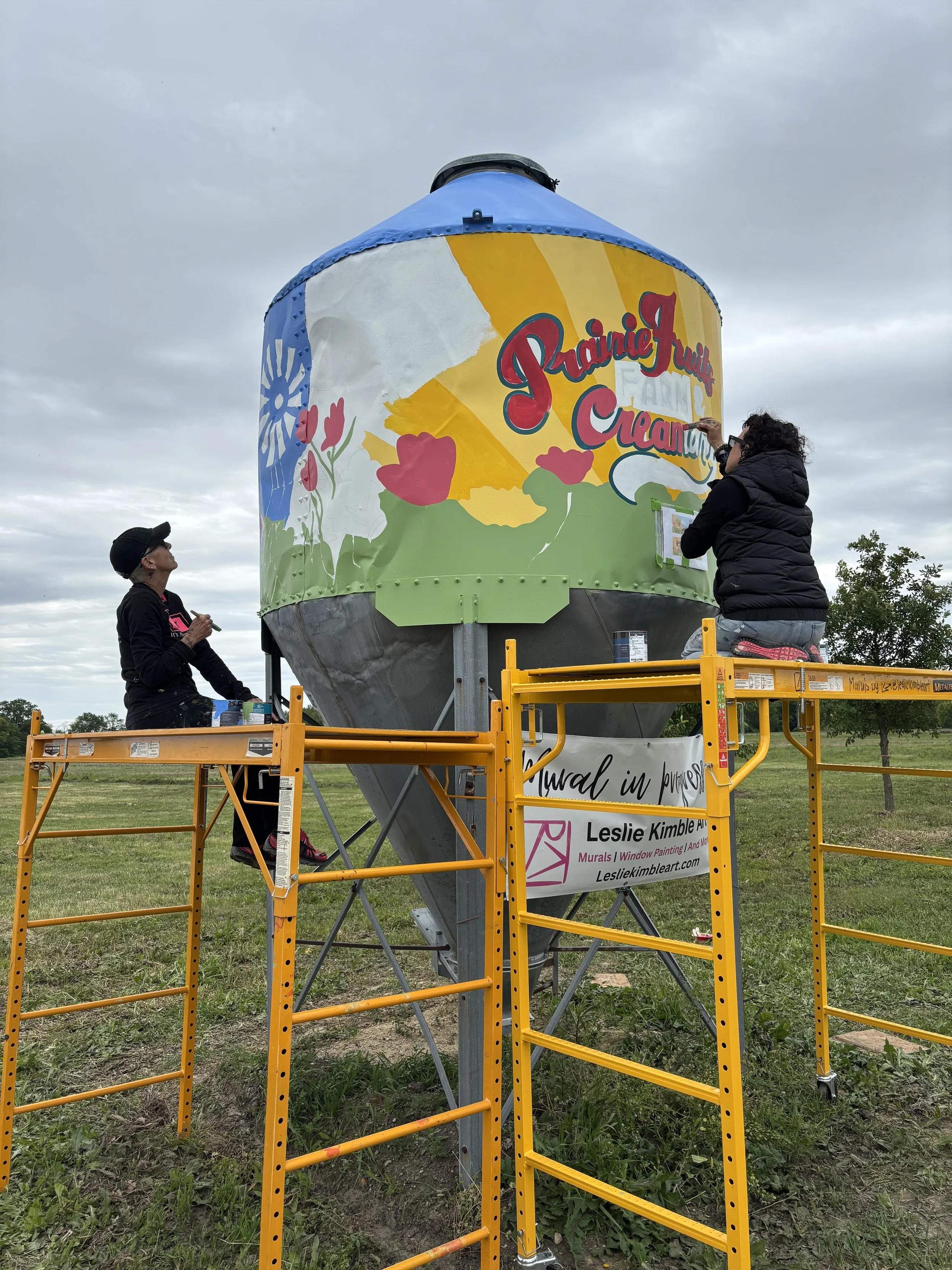 Process photo of silo mural at Prairie Fruits Farm and Creamery by Leslie Kimble, Champaign, Illinois