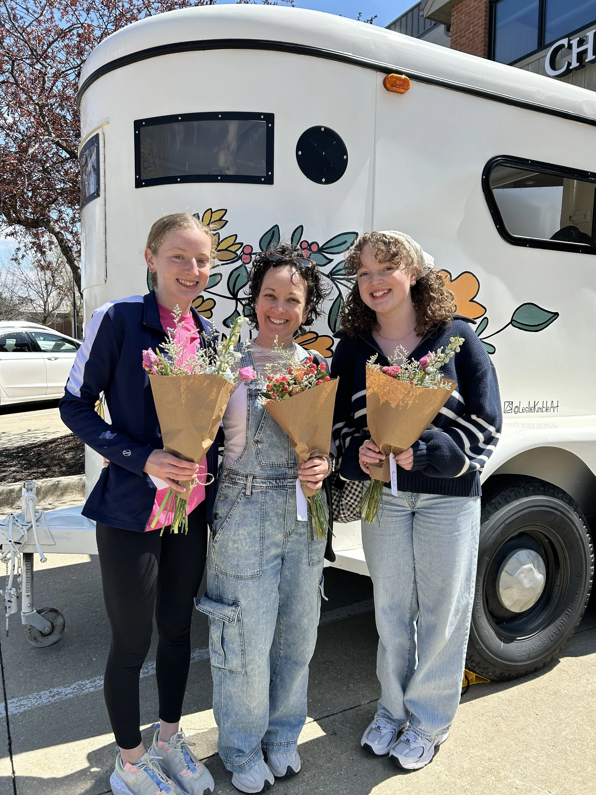 Three Berry Flowers trailer at Champaign Jewelers, Champaign Illinois
with artist, Leslie Kimble and her daughters Alaina Kimble and Jessa Kimble
