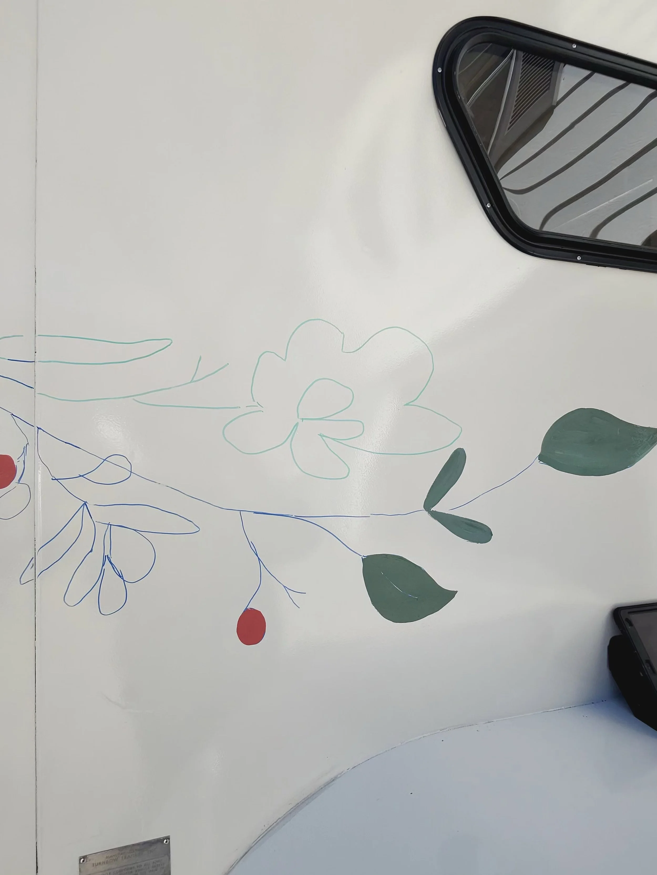 Process photo of painted flower trailer for Three Berry Flowers by Leslie Kimble Art