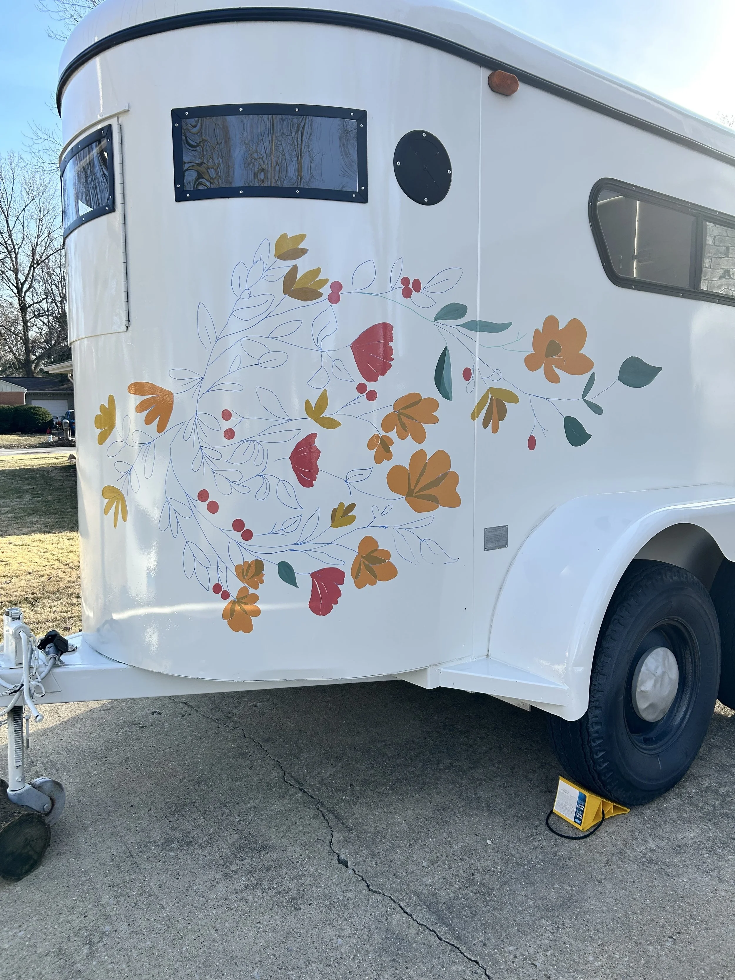 Process photo of painted flower trailer for Three Berry Flowers by Leslie Kimble Art, Champaign, Illinois