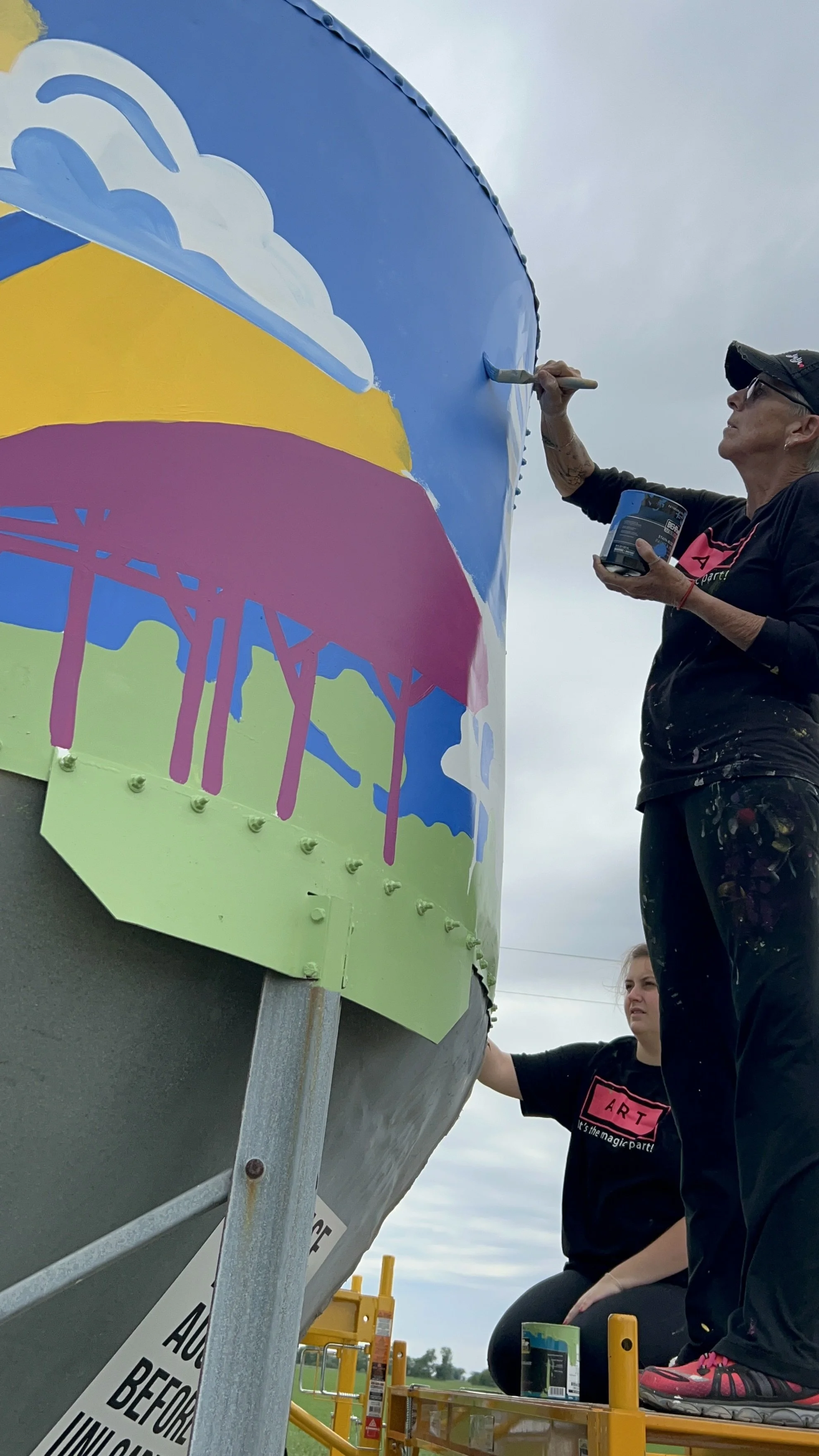 Laurie Martin painting for Leslie Kimble Art Process photo of silo mural at Prairie Fruits Farm and Creamery by Leslie Kimble, Champaign, Illinois