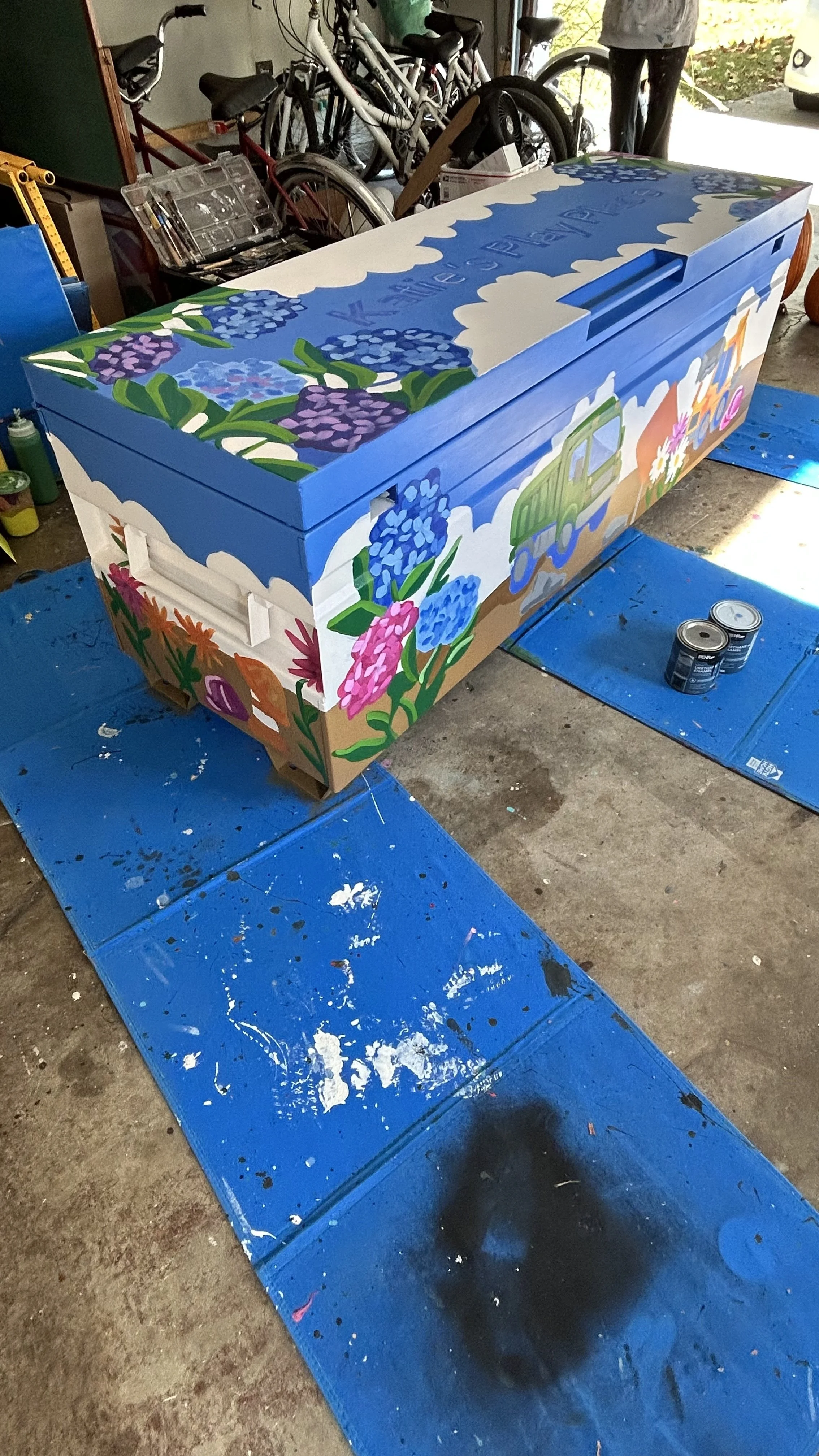 Process photo of toy box mural at Katies Play Place in Clark Park in Champaign, Illinois