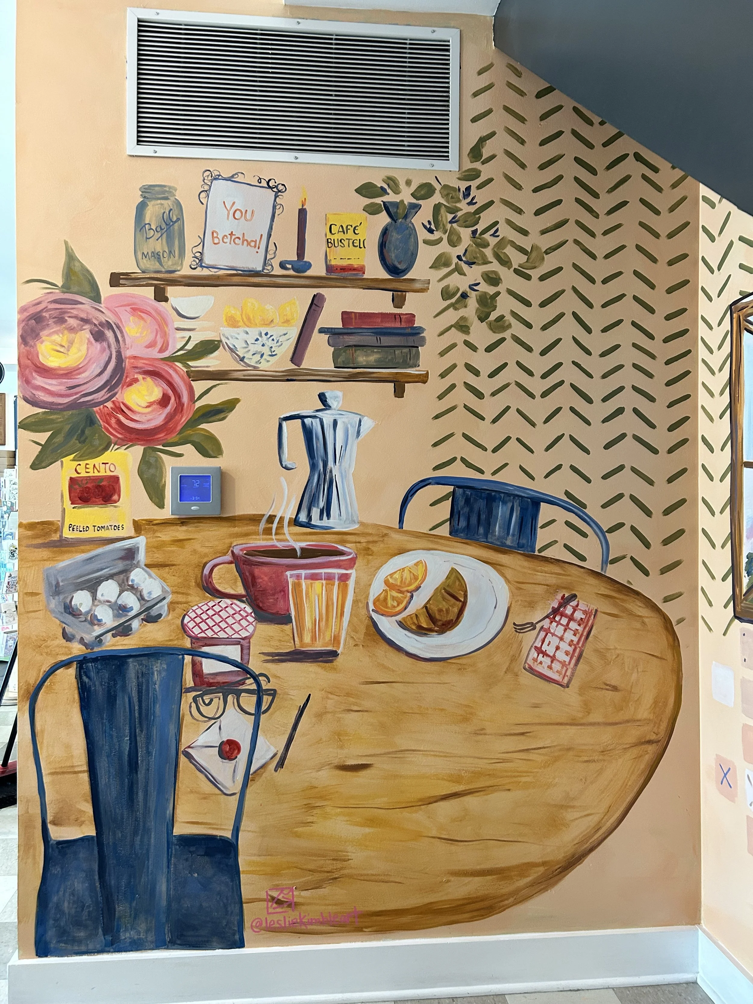 Finished wall portion of mural painted by Leslie Kimble Art, Champaign Illinois at Hopscotch Bakery