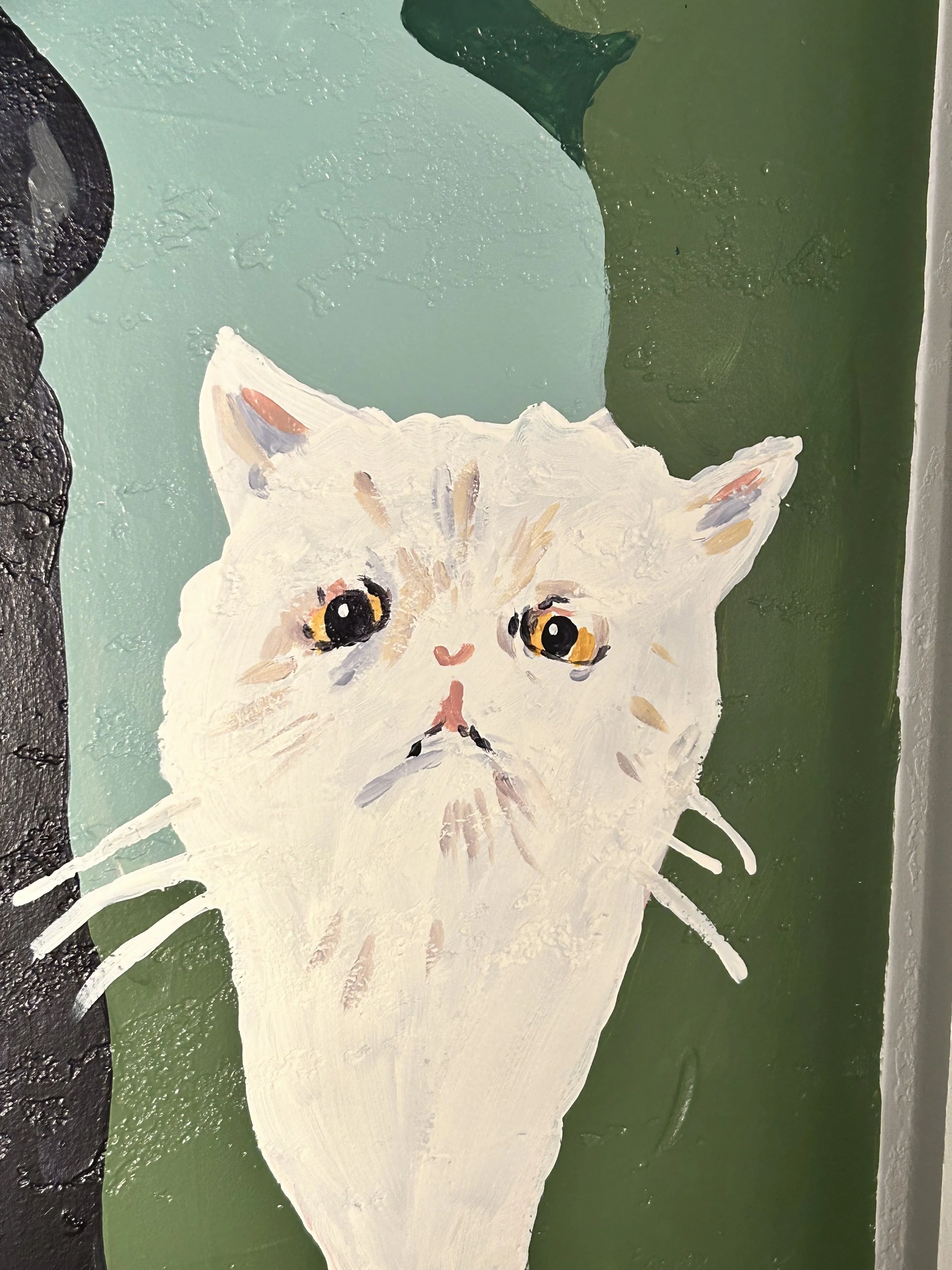 white cat pet mural by Leslie Kimble, Mahomet Illinois