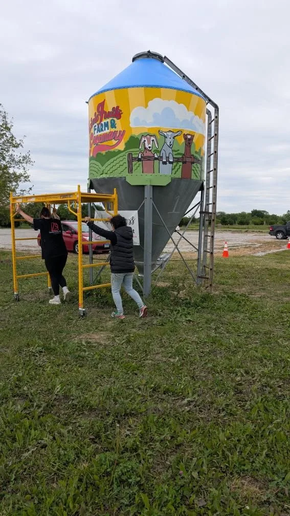 Process photo of silo mural at Prairie Fruits Farm and Creamery by Leslie Kimble, Champaign, Illinois