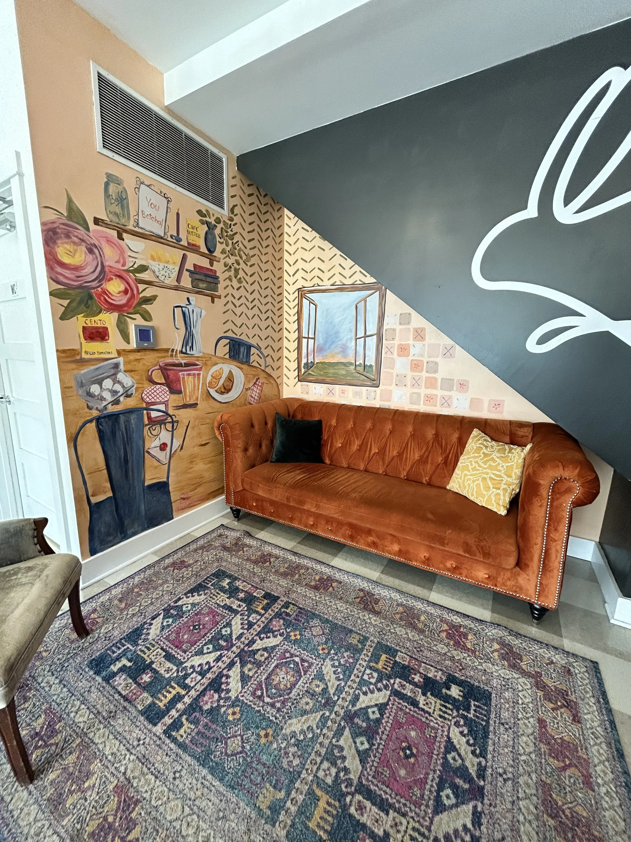 Bakery mural painted by Leslie Kimble of Leslie Kimble Art, Champaign, Illinois at Hopscotch Bakery