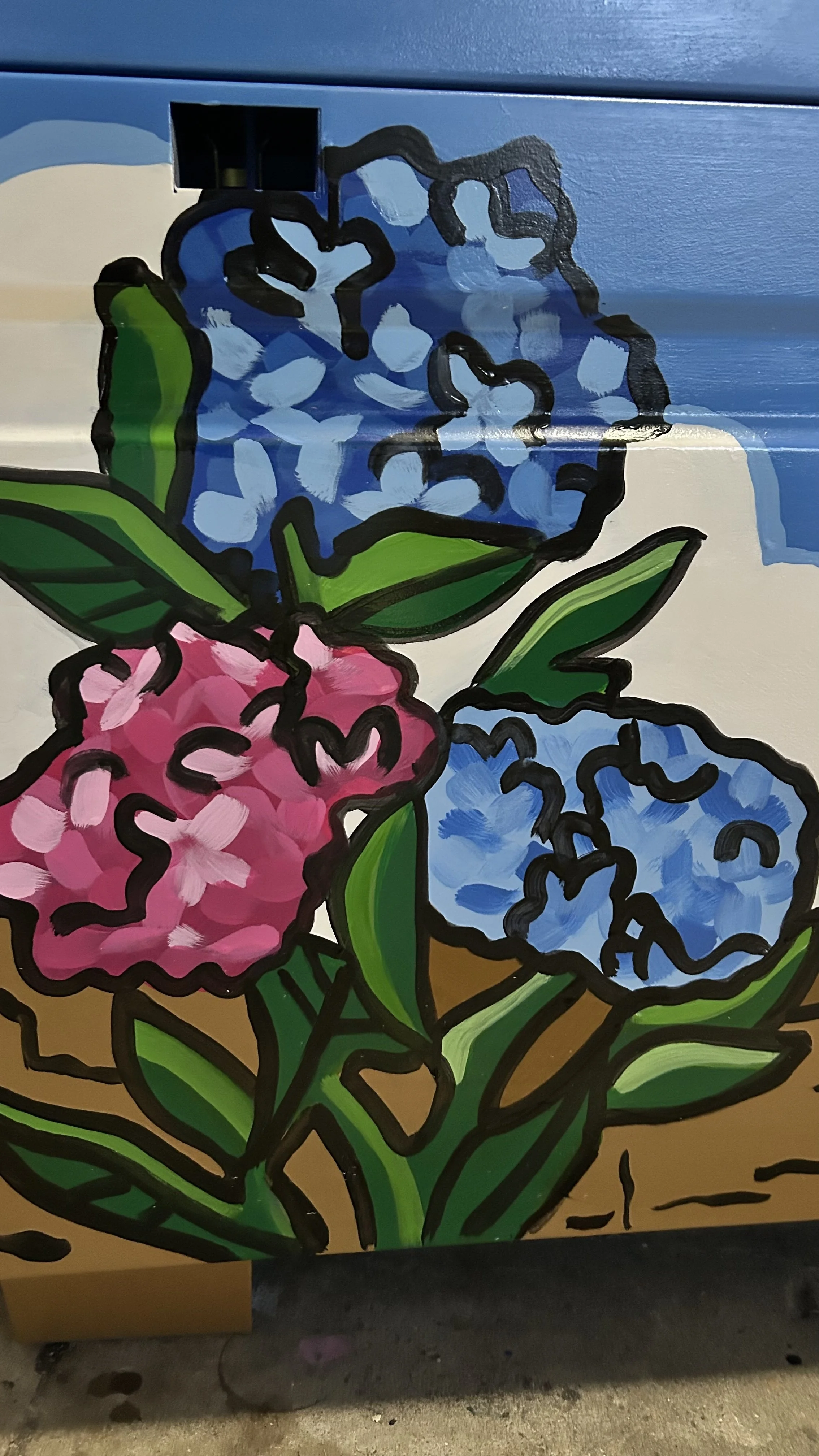 Hydrangeas on toy box mural at Katies Play Place in Clark Park in Champaign, Illinois by Leslie Kimble 