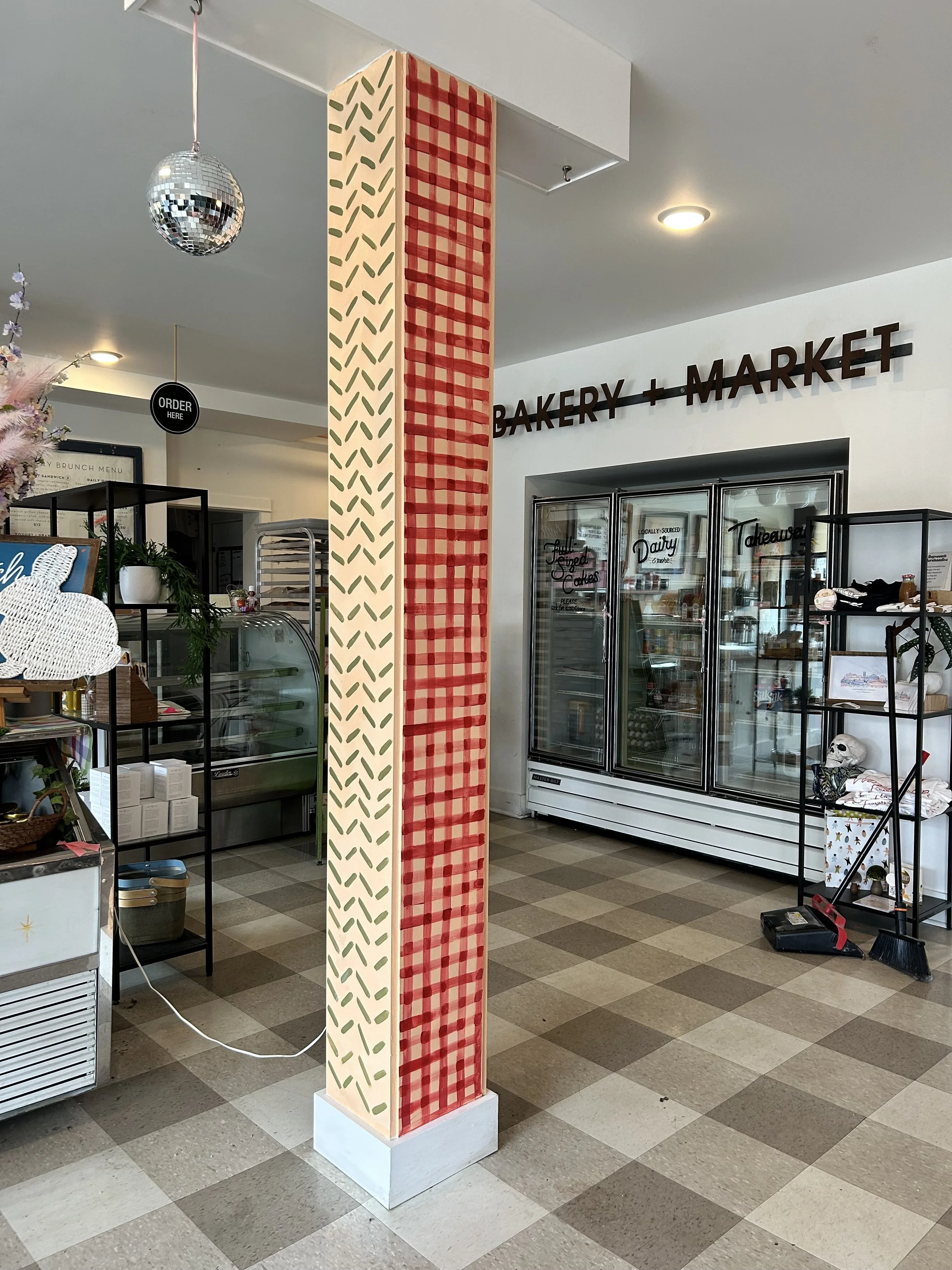 pillar upgrade  painted by Leslie Kimble Art, Champaign Illinois at Hopscotch Bakery