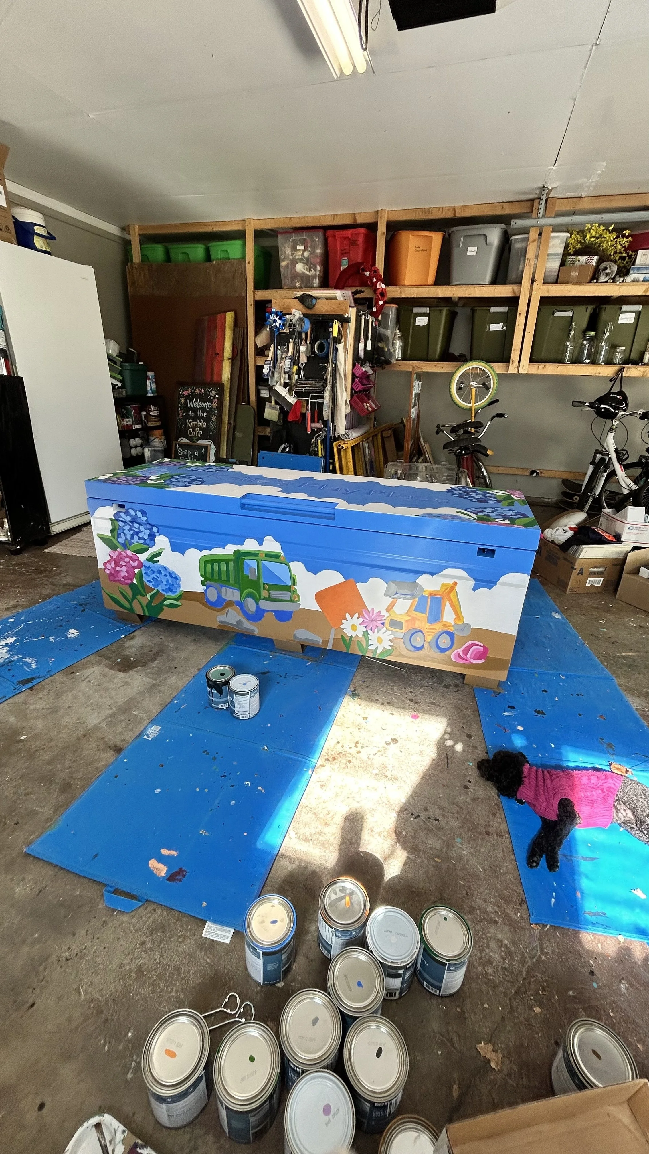 Process photo of toy box mural at Katies Play Place in Clark Park in Champaign, Illinois