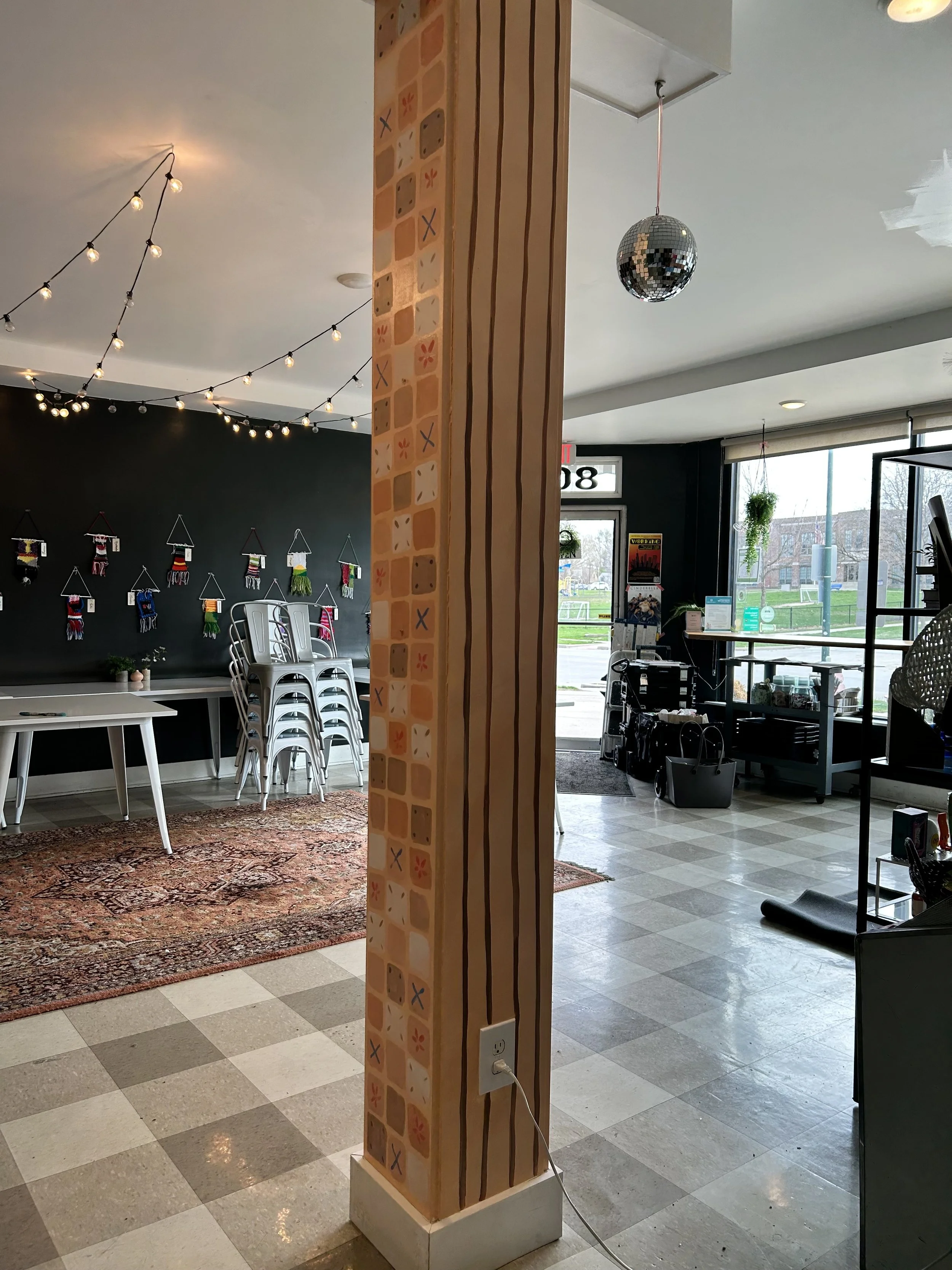 pillar upgrade  painted by Leslie Kimble Art, Champaign Illinois at Hopscotch Bakery