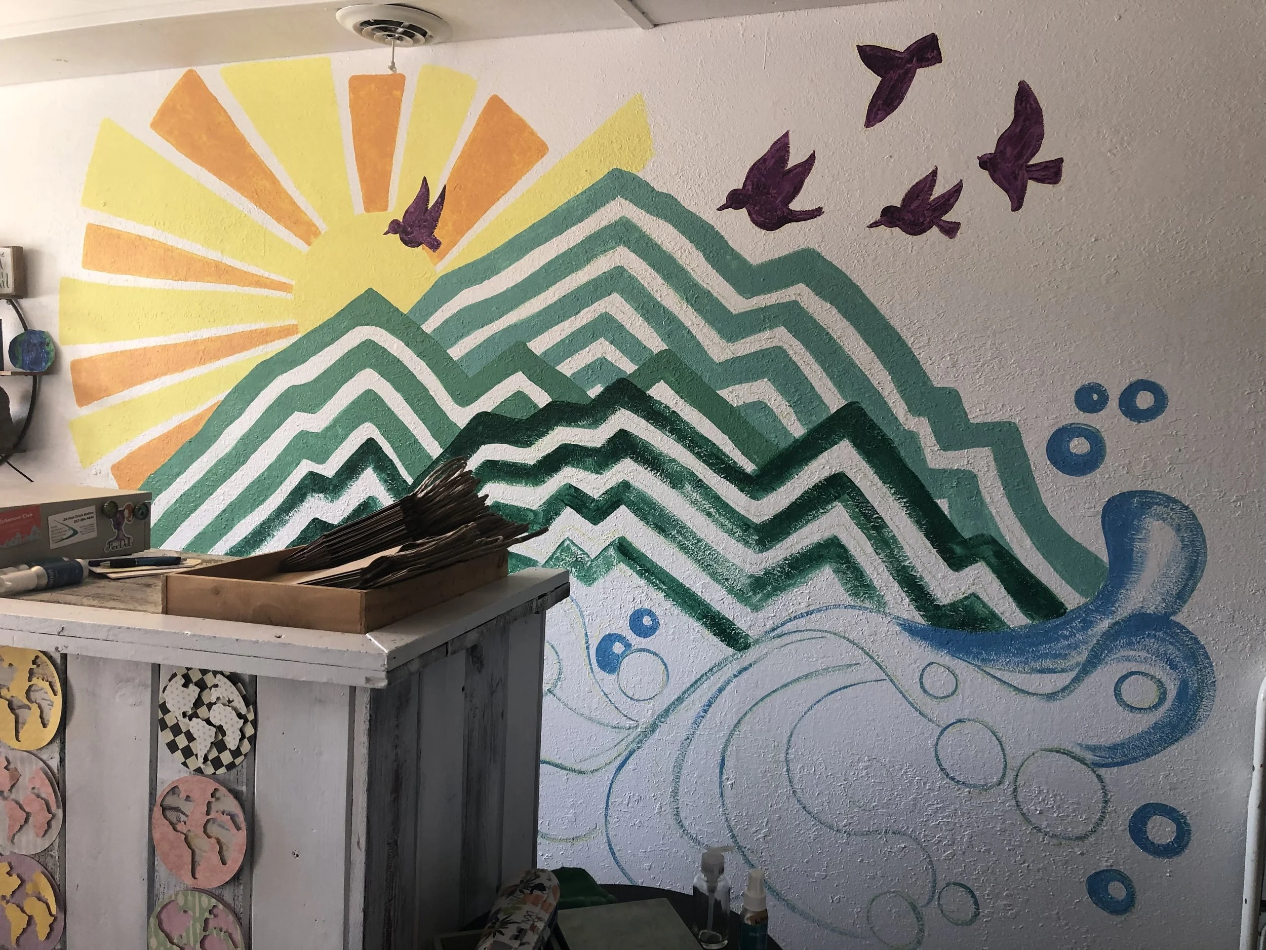 Process photo of mural by Leslie Kimble Greener Goods mural, Champaign, Illinois, 