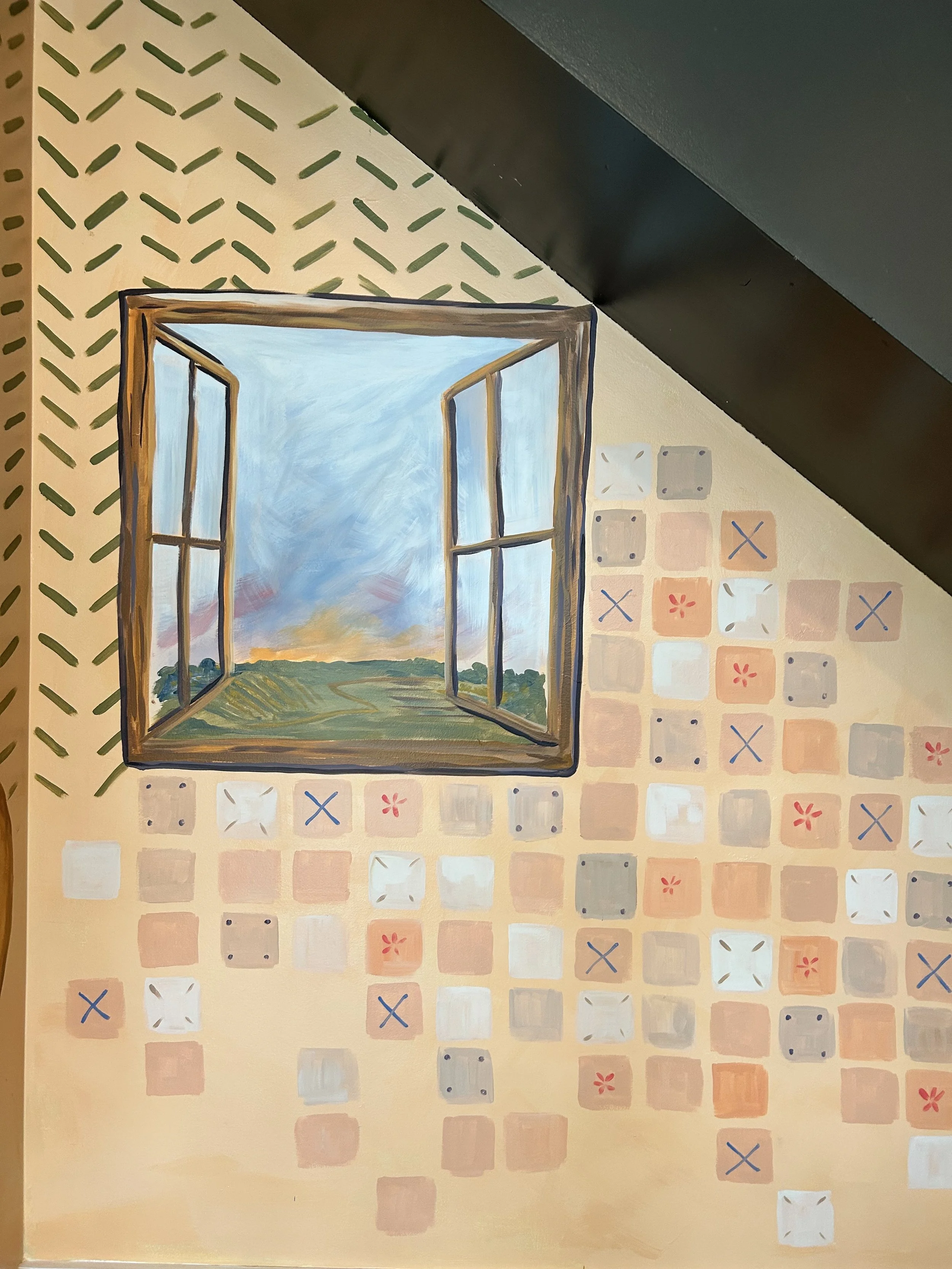 Finished wall portion of mural painted by Leslie Kimble Art, Champaign Illinois at Hopscotch Bakery