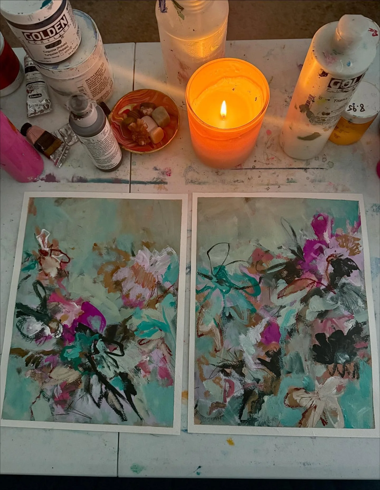 Jet lag + time change = early mornings painting by candlelight. Honestly, I kind of love it. Cozy fall vibes all around. 🍂

Also: a release of the growing pile of works on paper is coming soon!! Stay tuned. ✨