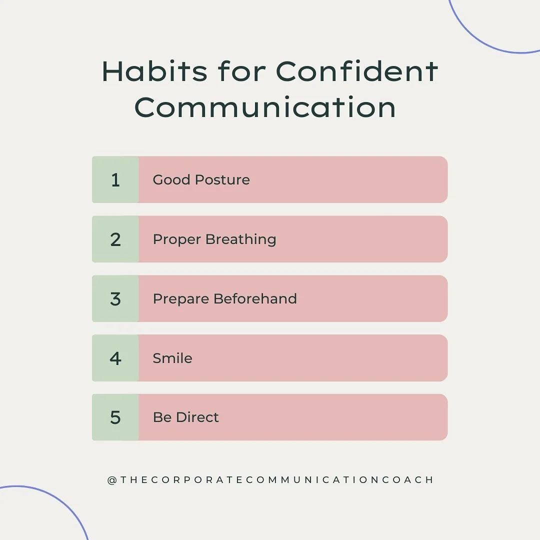 🔈FIVE habits to adopt for confident communication during interviews, meetings, or presentations:

1️⃣ Posture: Standing or sitting straight, with shoulders BACK, head and chest UP/OUT nonverbally reflects confidence. When thinking of confident postu