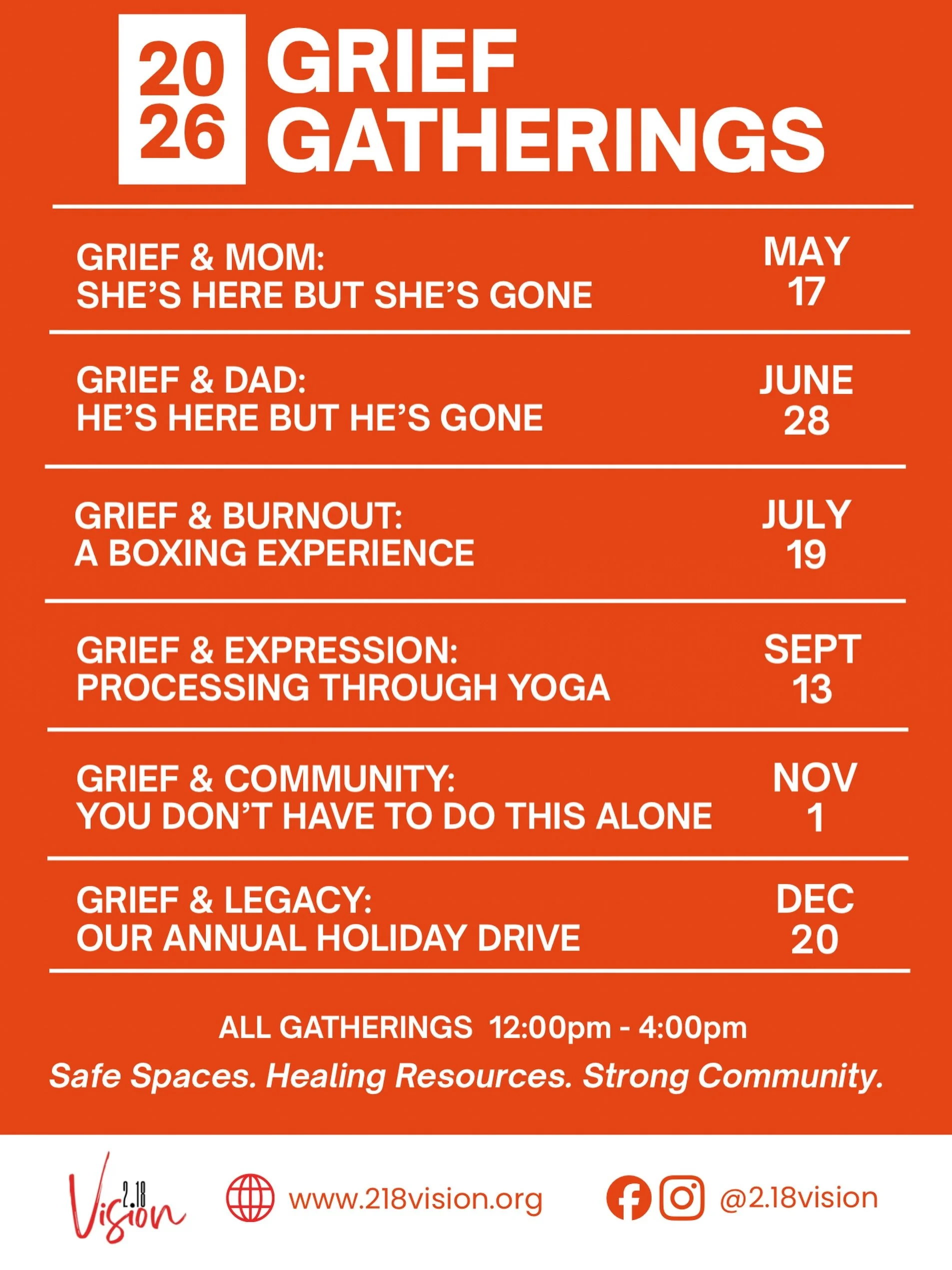 2026 Grief Gatherings 🤍

Healing looks different for everyone, but no one should have to navigate grief alone. Every conversation, every hug, every shared story, every moment of honesty and healing reminds us why this work matters so deeply.

Here i