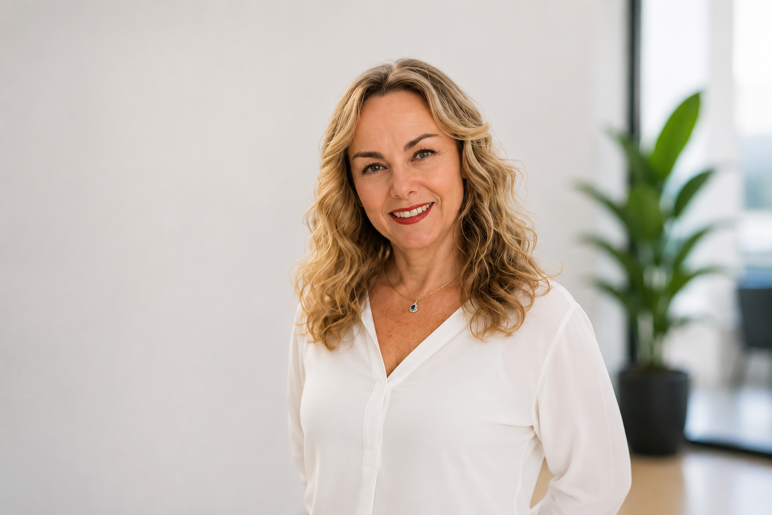 Mujer adulta con cabello rubio y rizado, vestida con blusa blanca, sonriendo, en un entorno de oficina con planta en el fondo.