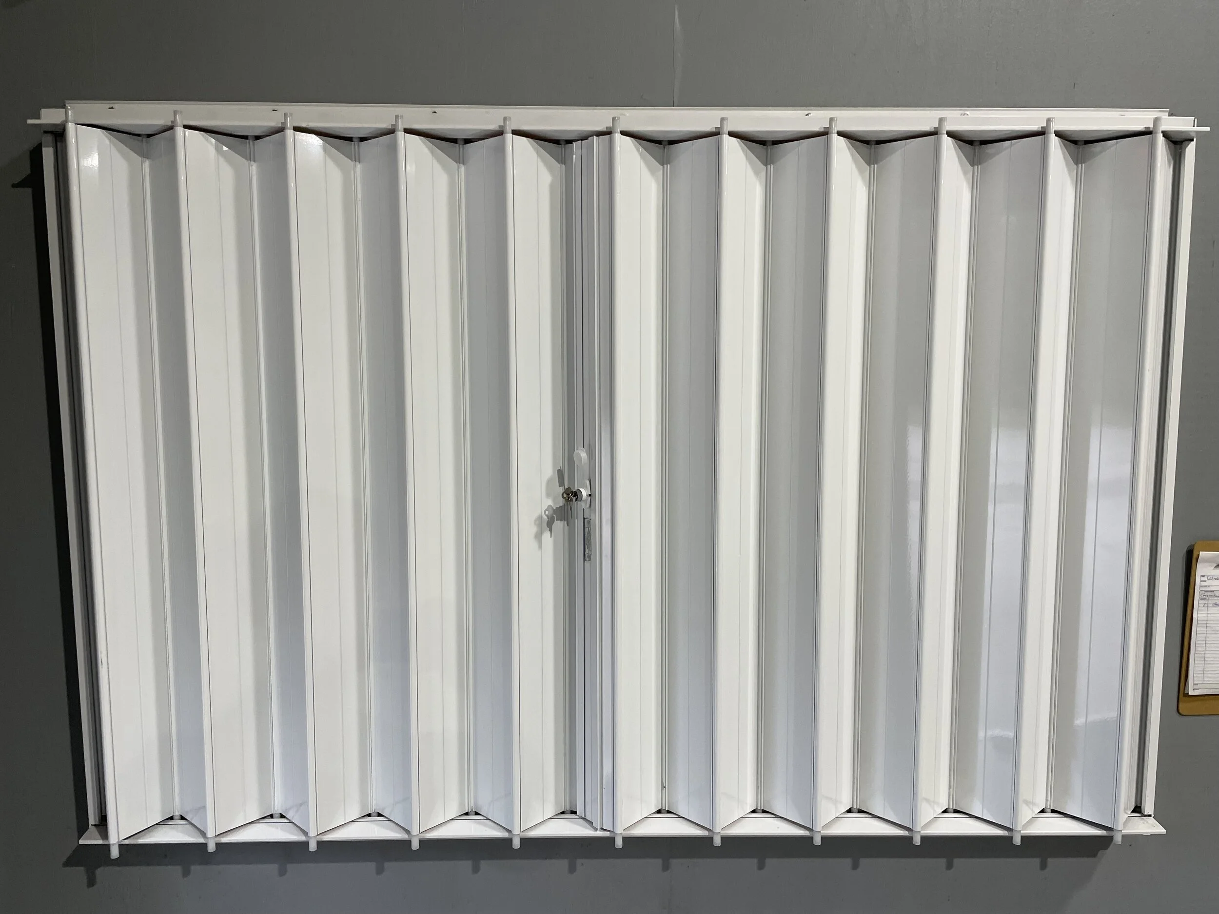 This is what Accordion Shutters look like. They are very easy to open and close with the key-lock system. Get your Hurricane Shutters from Johnson Aluminum Products.