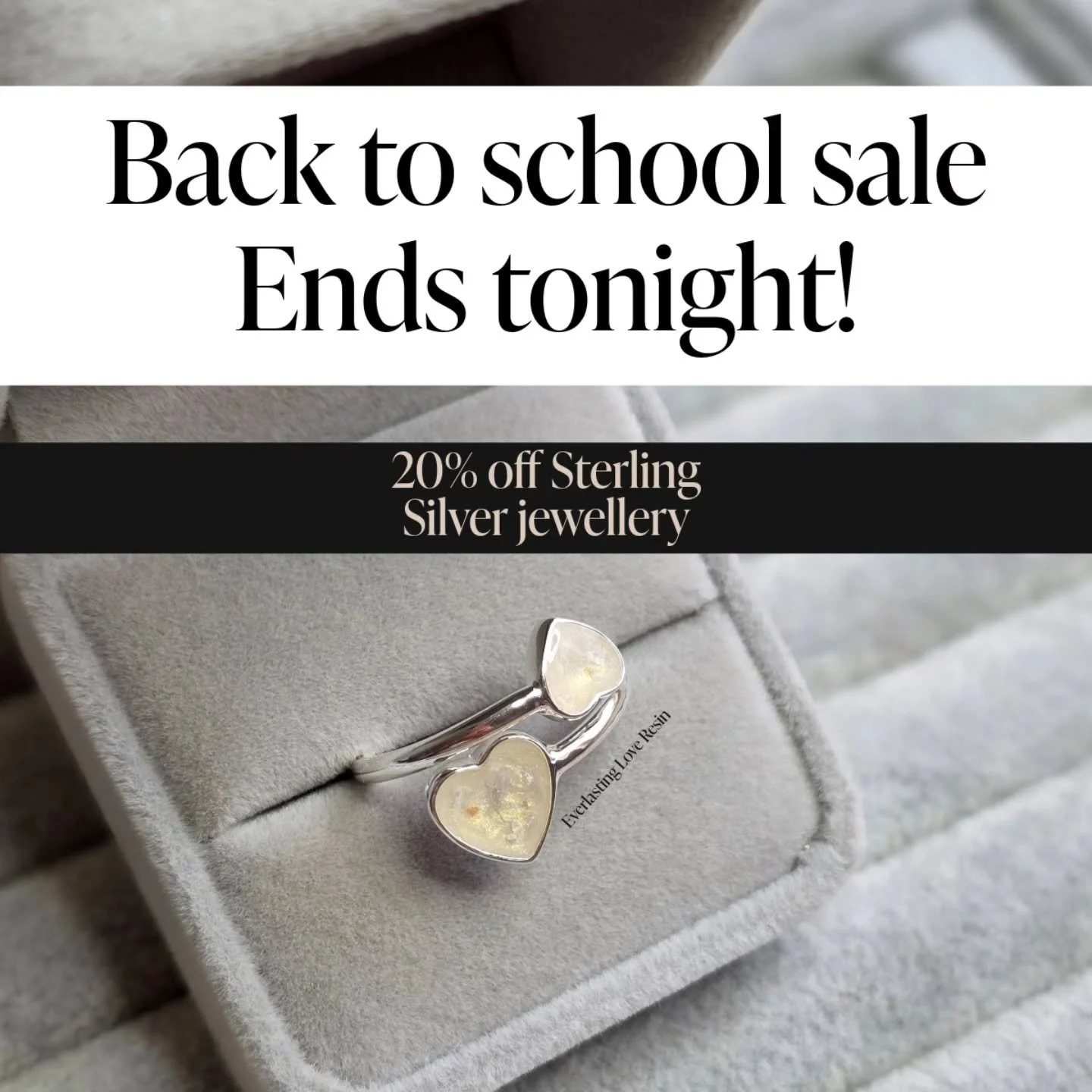 ✨ FINAL DAY ✨
The Back to School Sale ends tonight at midnight ⏰

Enjoy 20% OFF Sterling Silver, Everlasting Love Resin jewellery &ndash; a beautiful way to keep your most precious memories close forever. 💍🤍

Don&rsquo;t wait &ndash; once the clock