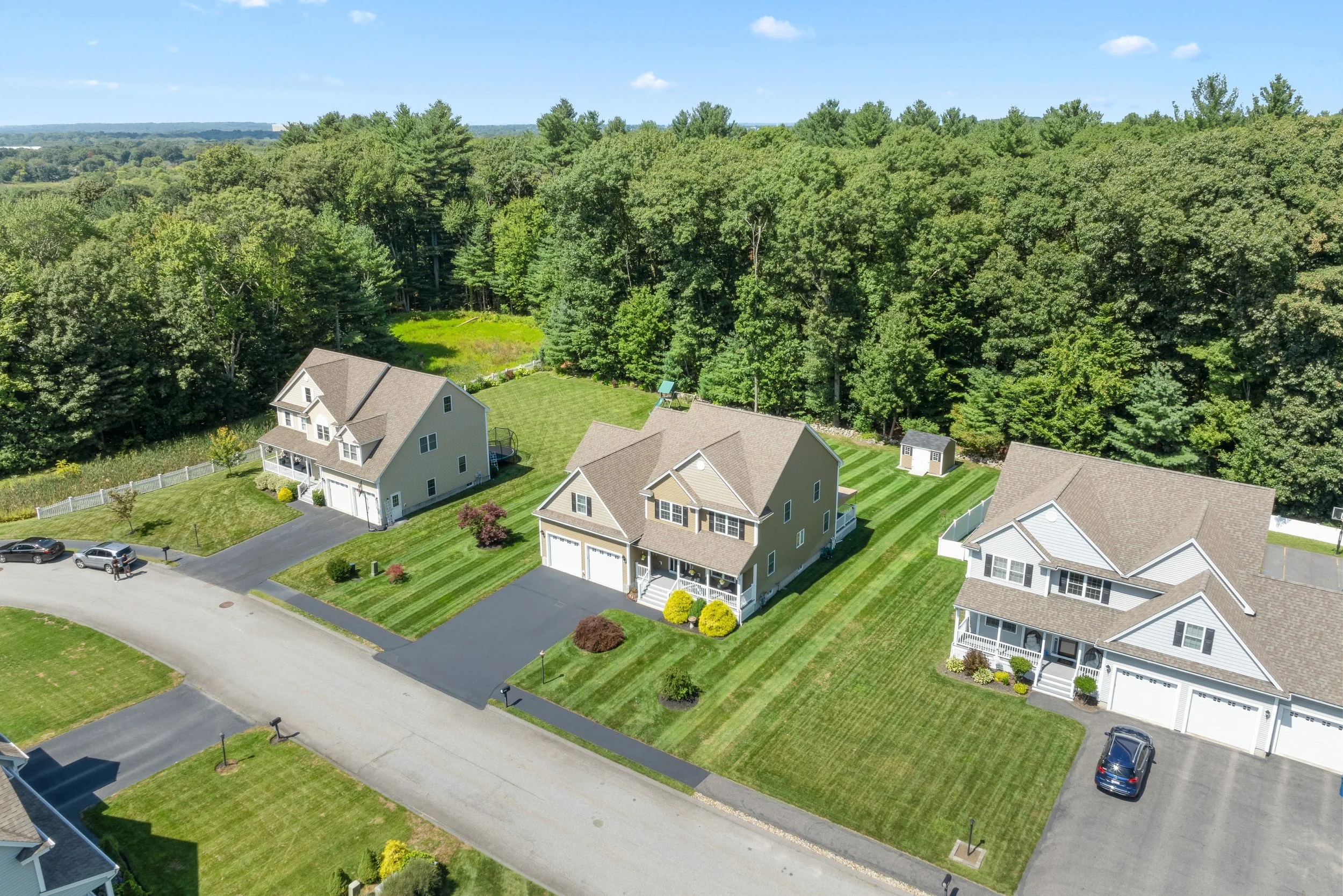 Aerial view of a suburban neighborhood with several two-story houses, neatly trimmed lawns, paved driveways, and a wooded forest background under a sky with a few clouds.