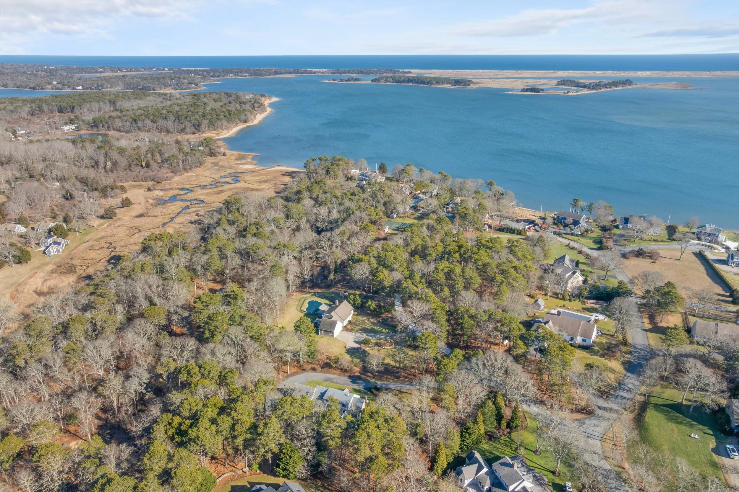 Aerial view of a coastal area with a mix of trees, houses, and water bodies, including a large lake and the ocean in the background.