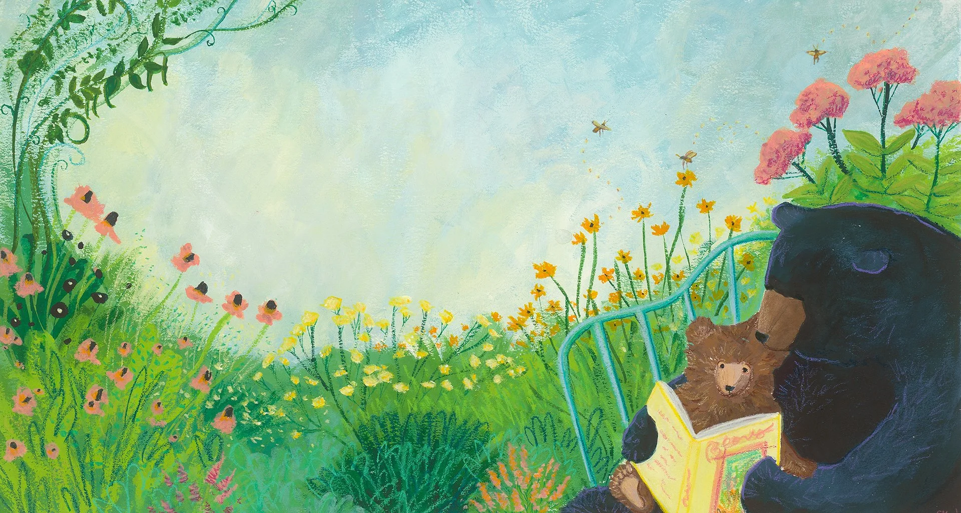 Bears reading in the garden, gouache, watercolor, pastel and colored pencil on paper, 11"x 20," 2025