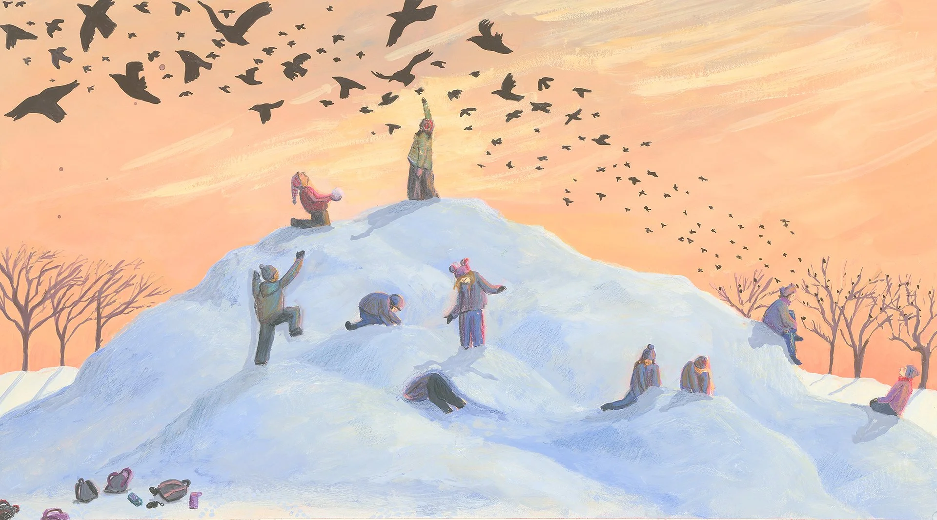 Snow mountain at sunset, gouache, pastel and colored pencil on paper, 20" x 11," 2026