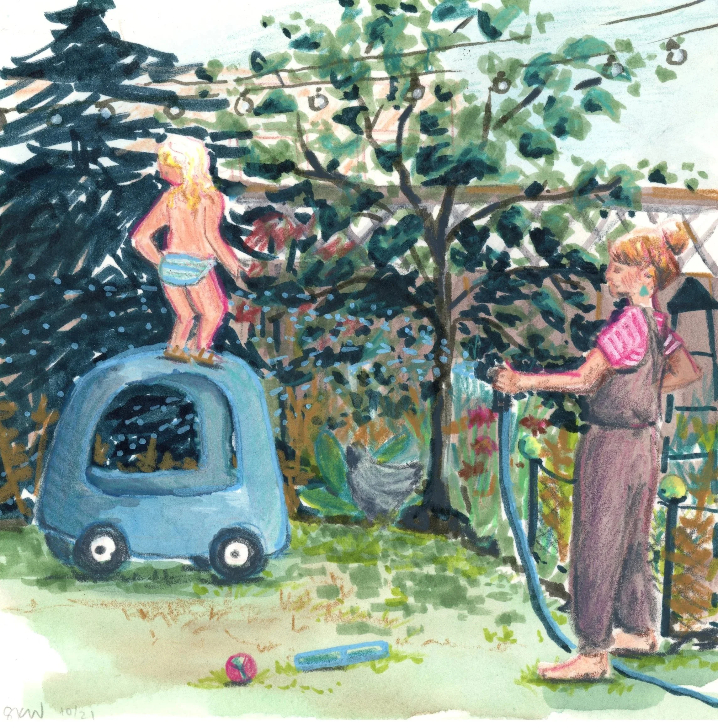 Summer backyard, gouache, watercolor, pastel and colored pencil on paper, 6"x 6," 2021