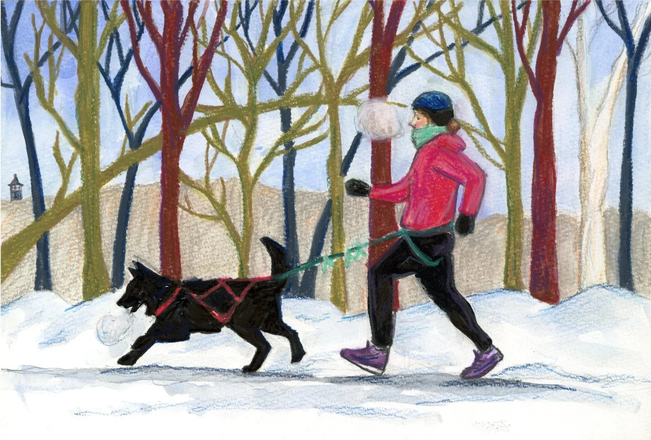 Winter run, gouache, watercolor, pastel and colored pencil on paper, 6"x 9," 2022