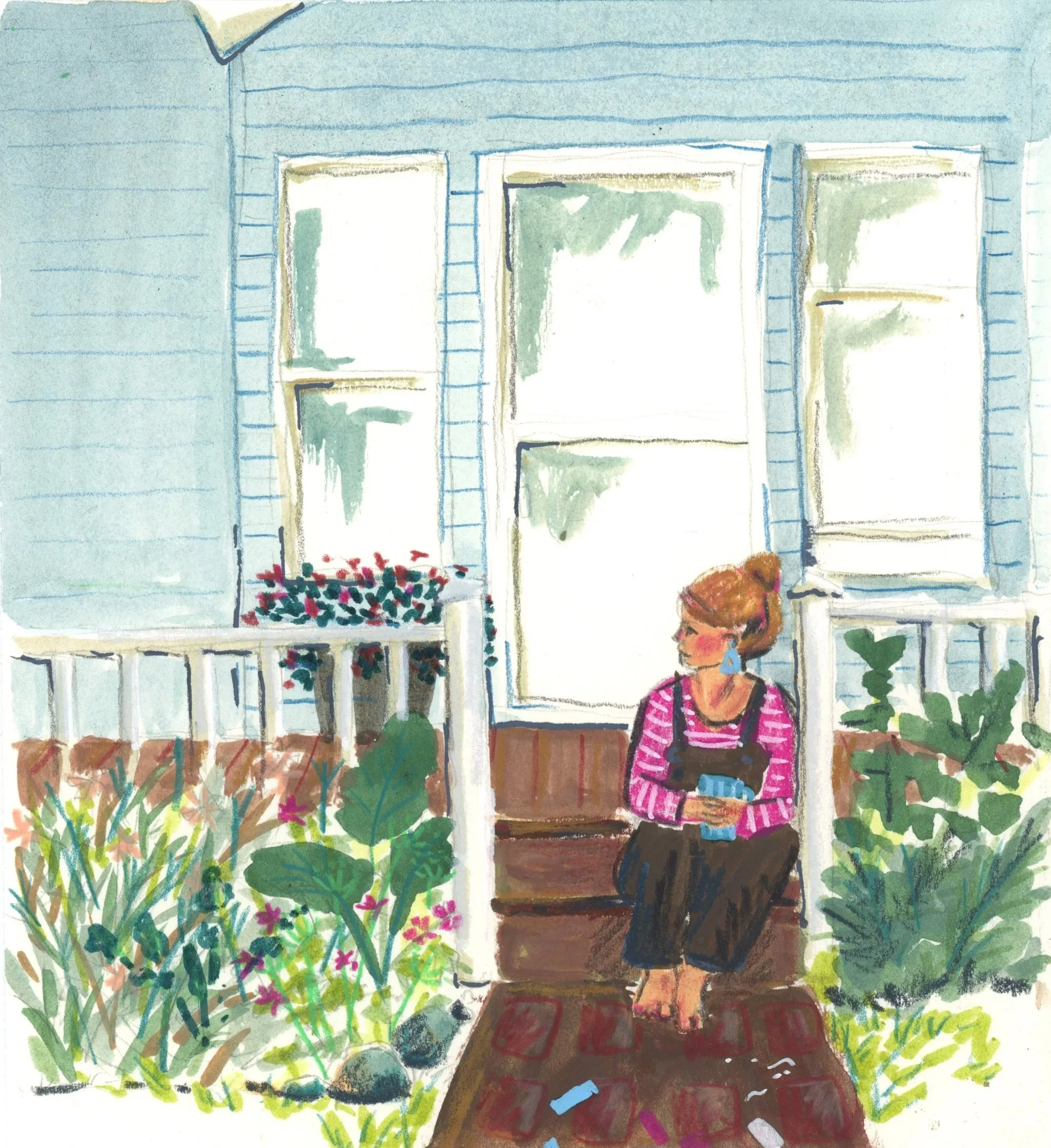Tea on the back steps, gouache, watercolor, pastel and colored pencil on paper, 6"x 6," 2021