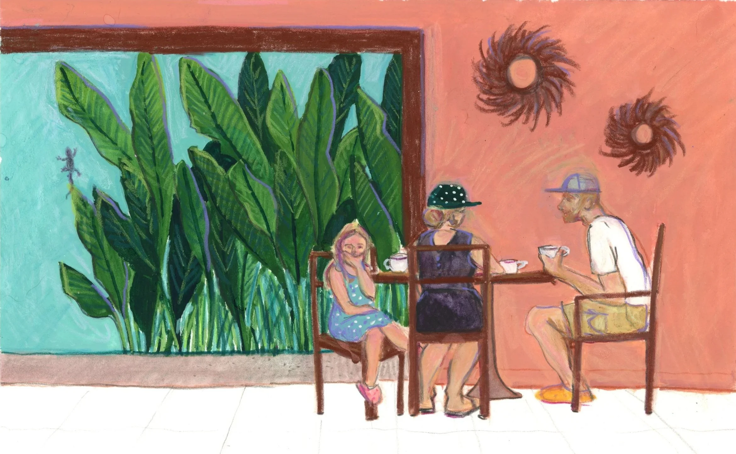 Last breakfast in Costa Rica, gouache, watercolor, pastel and colored pencil on paper, 8.5"x 4.5," 2024