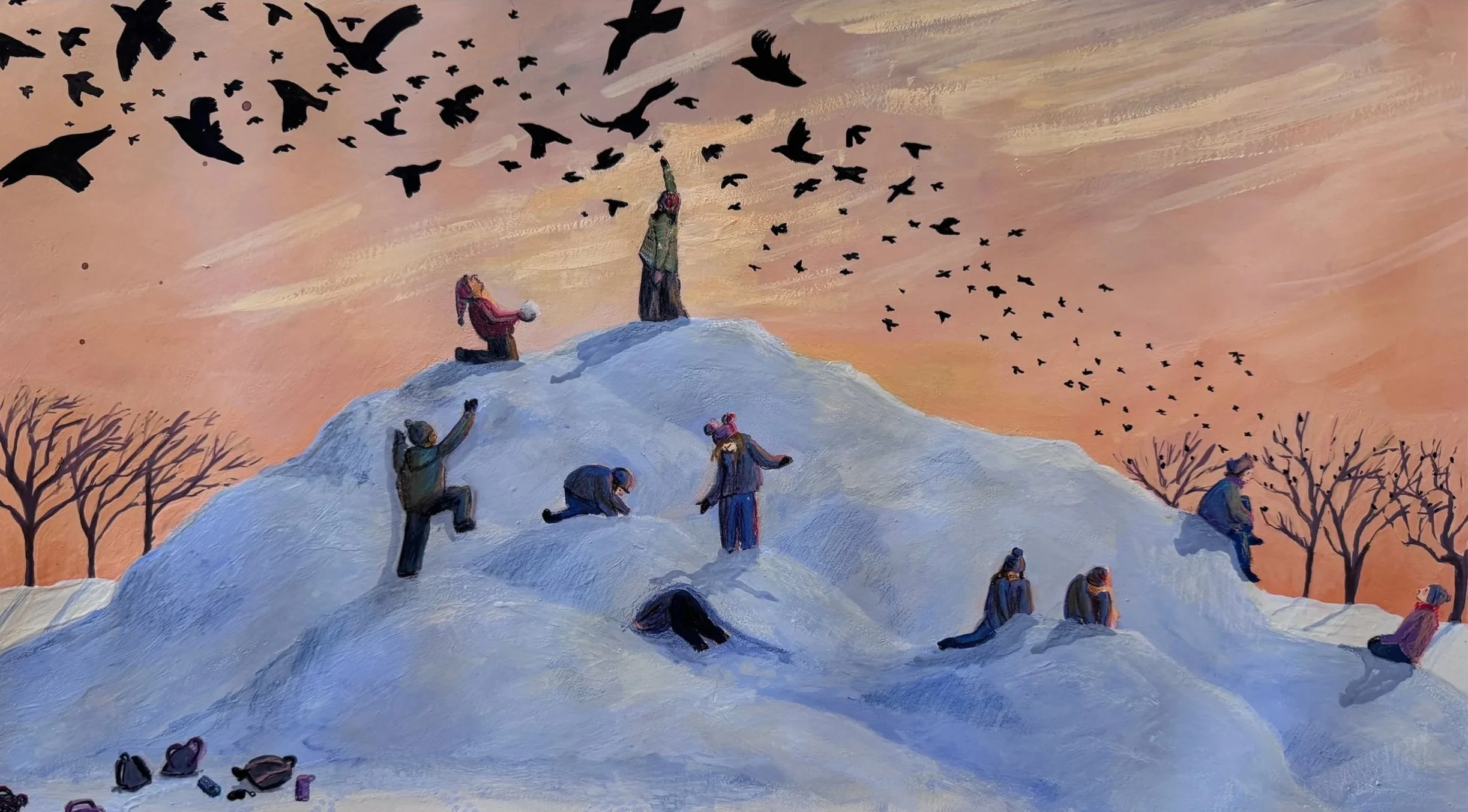 Snow mountain at sunset, gouache, pastel and colored pencil on paper, 20" x 11," 2026
