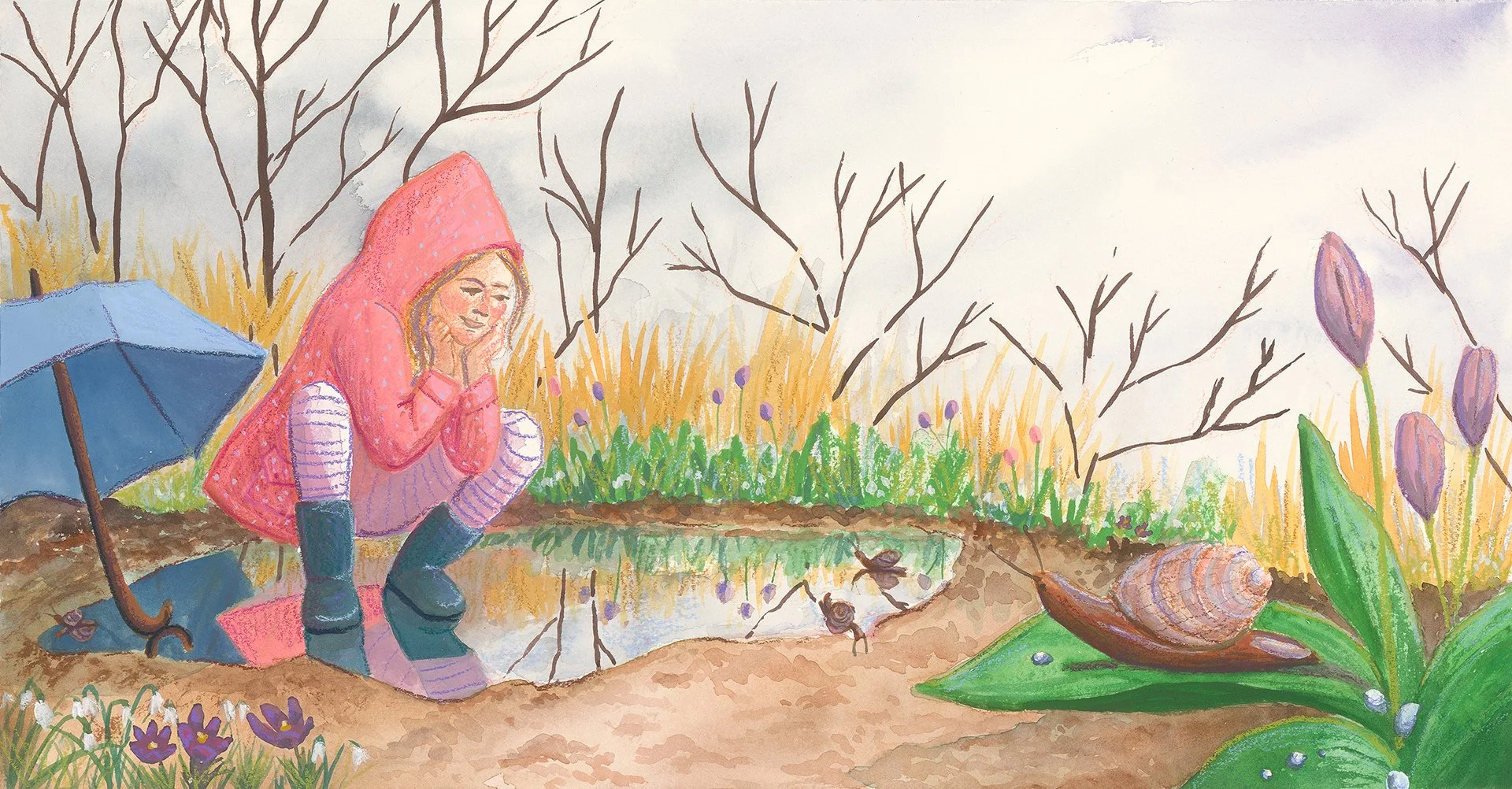 Springtime snails, gouache, watercolor, colored pencil and oil pastel on paper, 19"x10," 2025