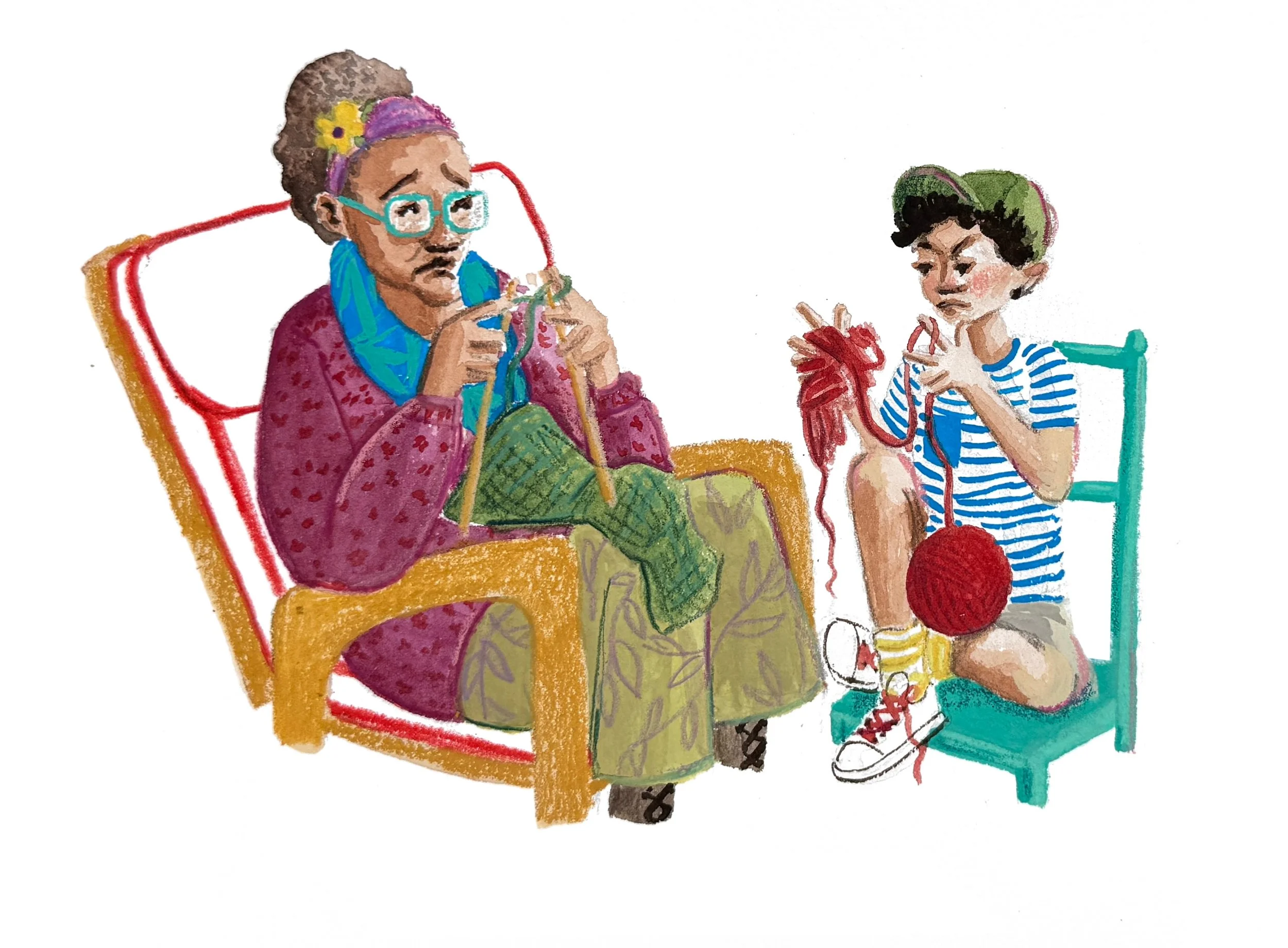Knitting with grandma, watercolor, gouache, pastel and colored pencil on paper, 5"x 7," 2025