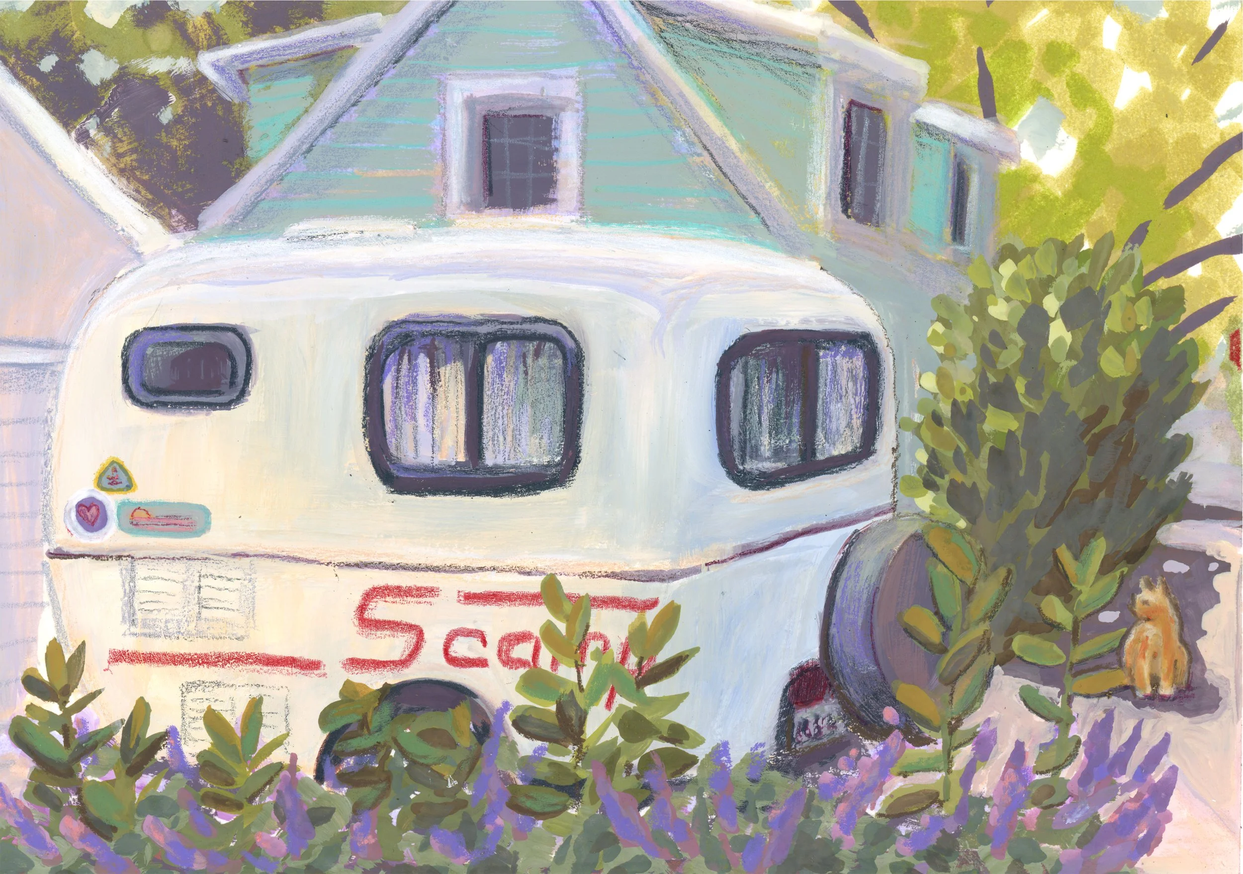 Scamp and cat, gouache, marker, color pencil, and oil pastel on paper, 5"x7," 2026