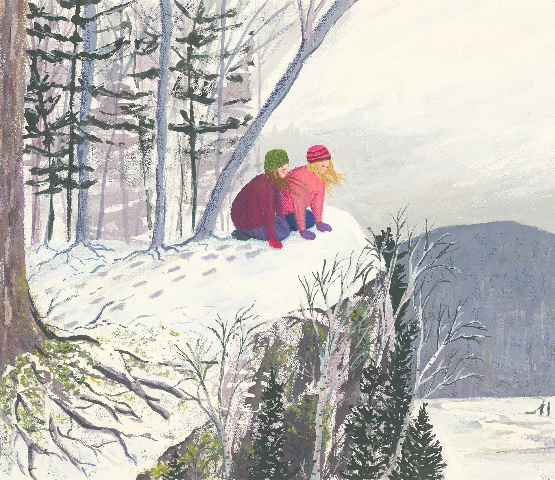 Exploring the winter woods, gouache, watercolor, pastel and colored pencil on paper, 12"x 14," 2025