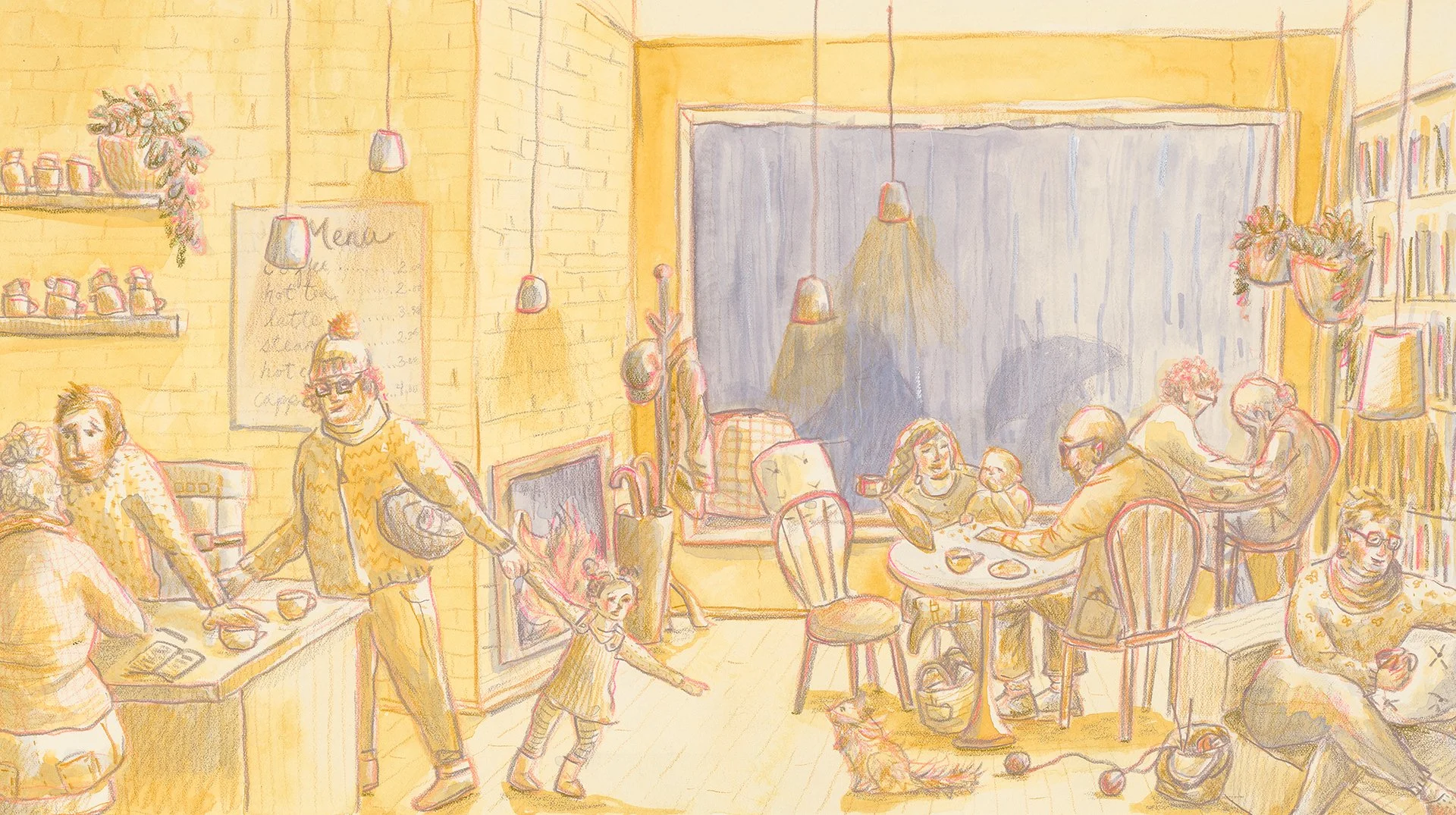 Cozy cafe, gouache, watercolor, pastel and colored pencil on paper, 10"x 18," 2025