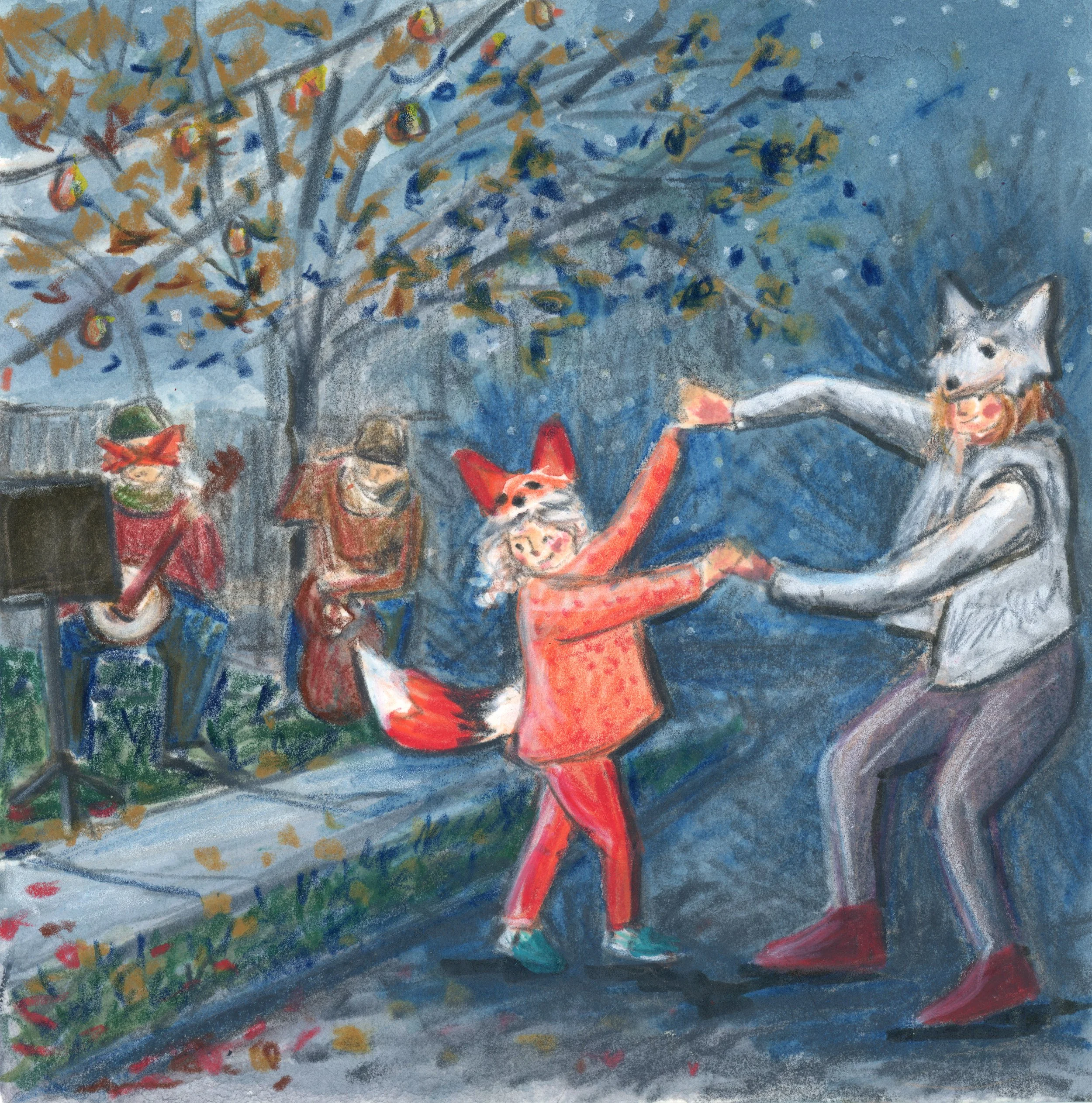 Dancing in the street, gouache, watercolor, pastel and colored pencil on paper, 6"x 6," 2021