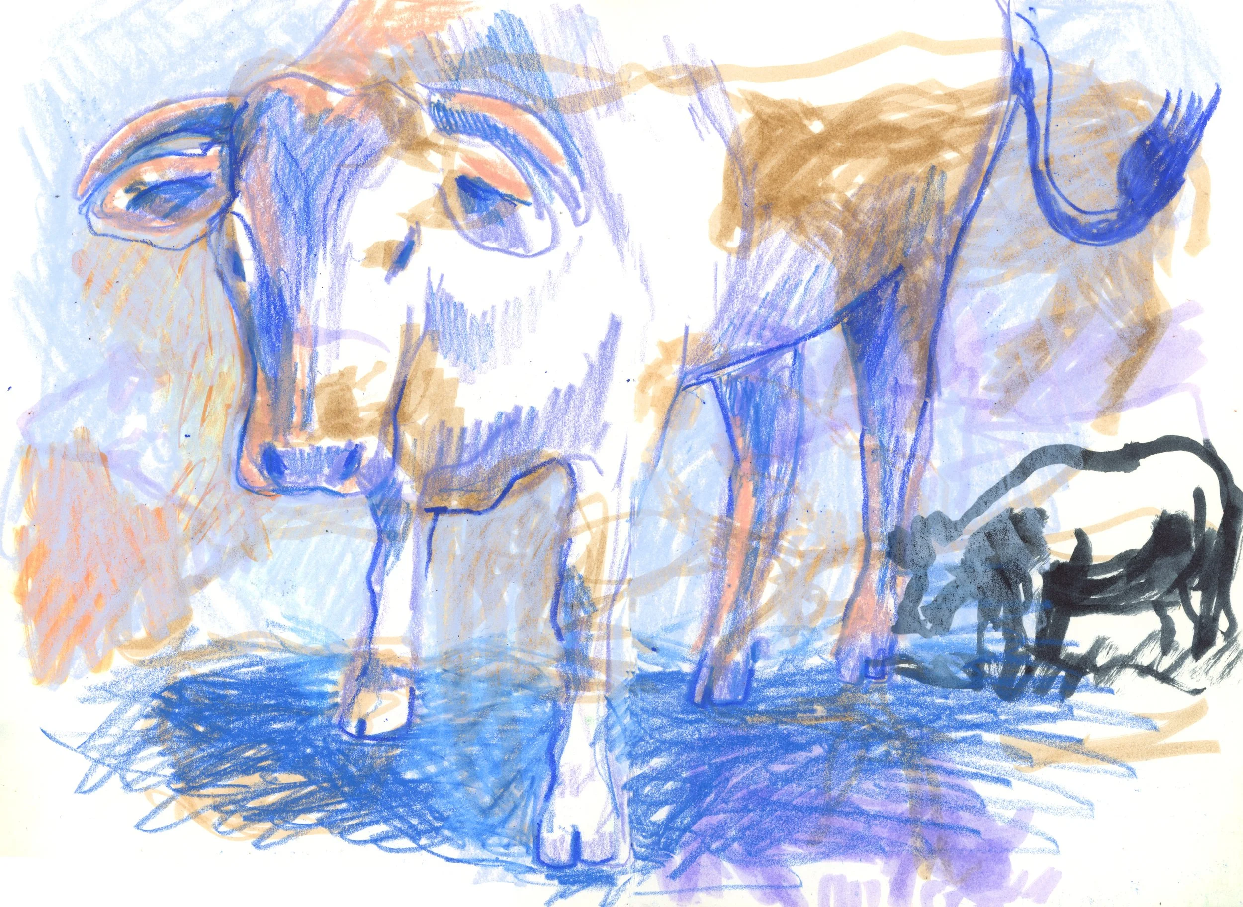 Blue cow spread in sketchbook, marker, color pencil and pastel crayon, 8"x11," 2026