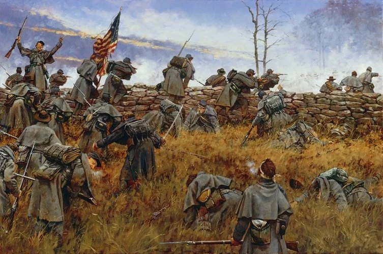 Historic painting of Union troops advancing at the First Battle of Kernstown