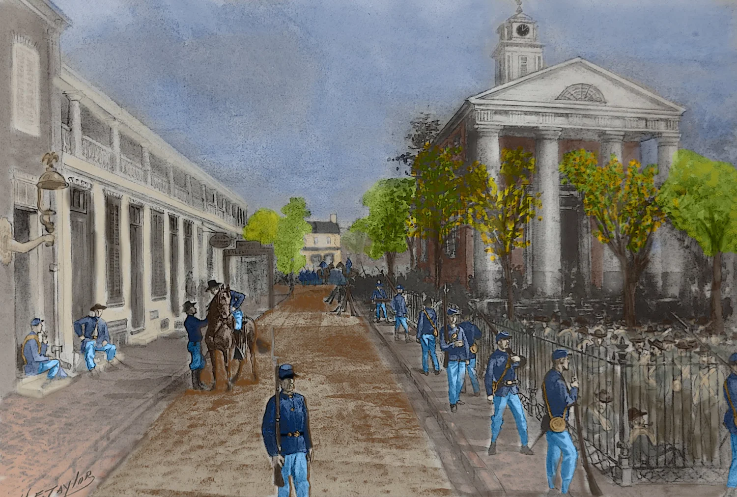 Historic illustration of soldiers and prisoners outside the Frederick County Courthouse