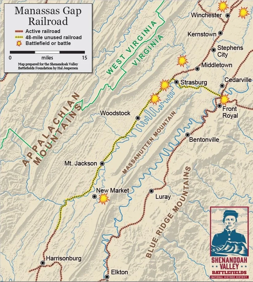 Map showing the route of the historic Manassas Gap Railroad through the Shenandoah Valley