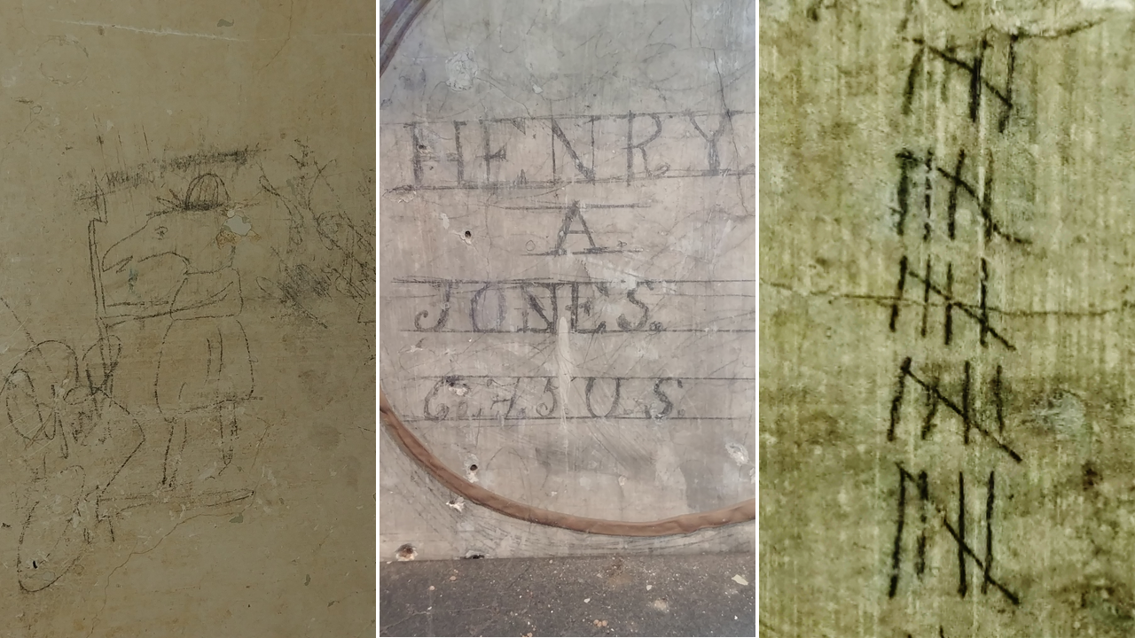 Collage of Civil War prisoner signatures and drawings preserved on courthouse walls