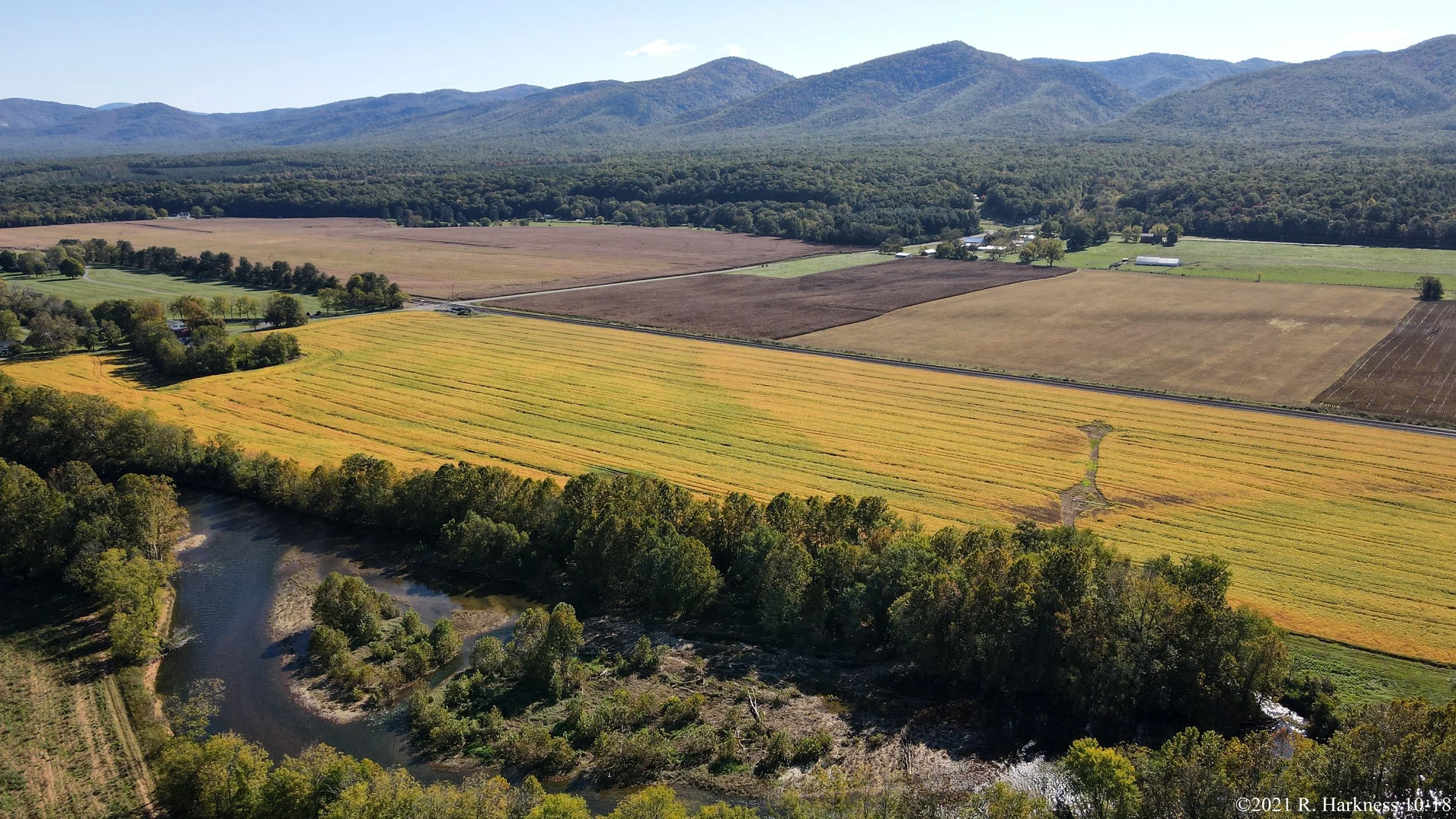 Aerial view of Port Republic Battlefield and the South Fork of the Shenandoah River