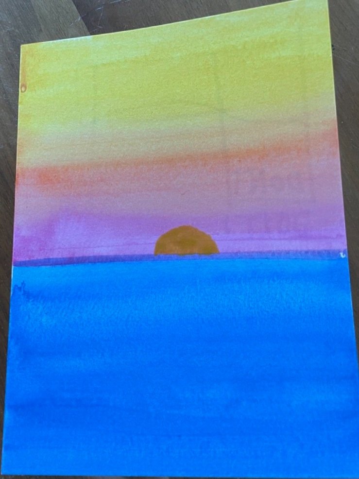 Watercolor seascape, a rising sun
