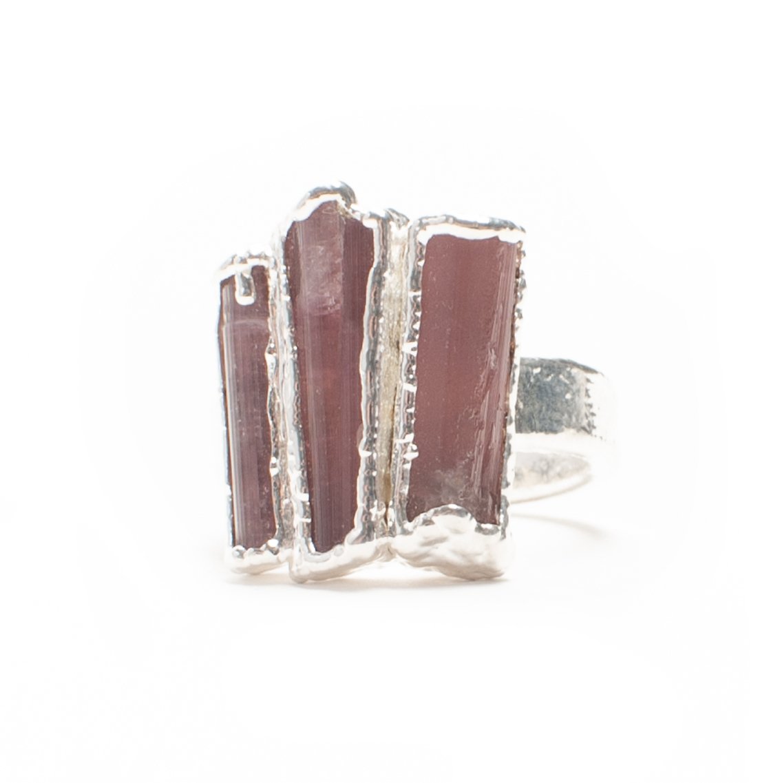 pink+tourmaline+ring-three+crystal+ring-large+raw+crystals+ring