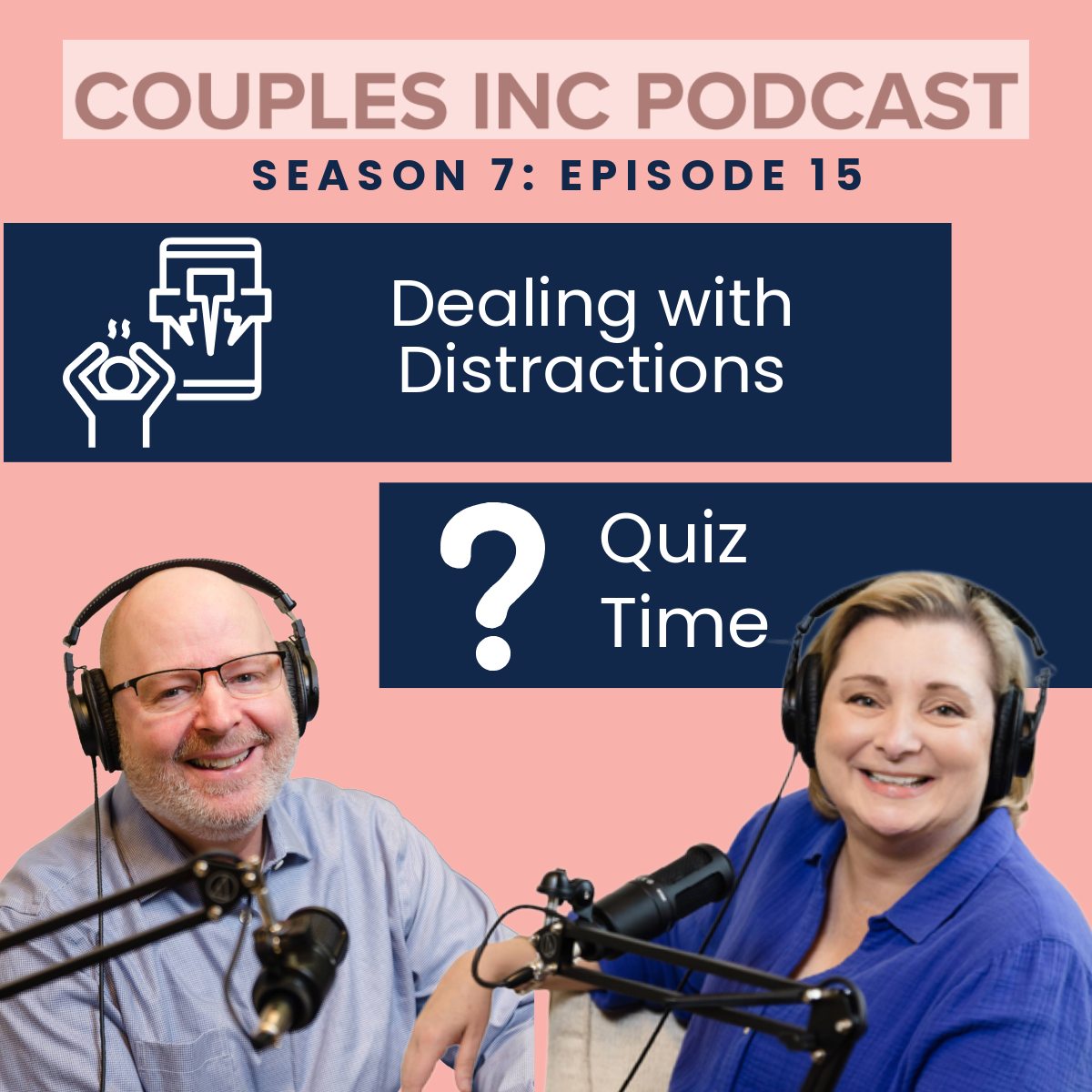 Glenn and Jodie at podcast microphones, smiling at camera