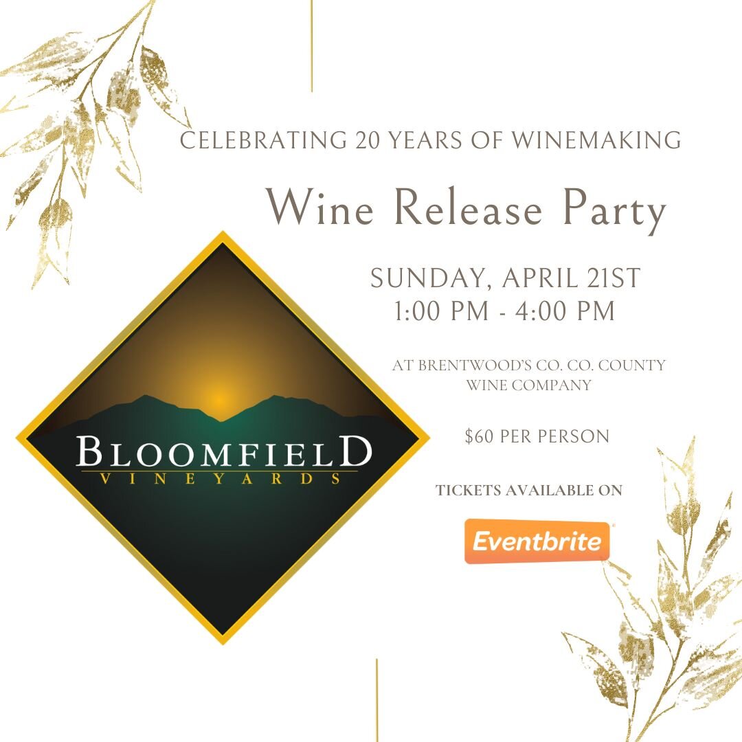 Come celebrate 20 years of
@bloomfieldvineyards Bloomfield Vineyards 

Tickets are now on sale on Eventbrite.