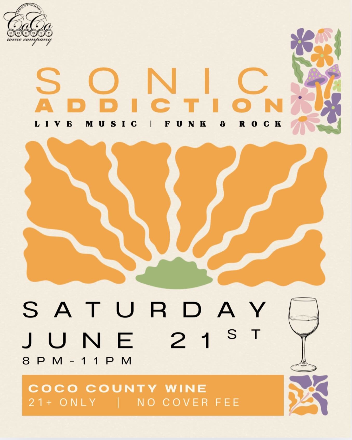 ⚡️**Saturday night fever is hitting CoCo County!**⚡️
Join us Saturday, June 21st for a high-voltage night with Sonic Addiction&mdash;bringing the funk, the rock, and the unstoppable groove! 🎸🔥

🎶 Live 8PM&ndash;11PM
📍 Downtown Brentwood | CoCo Co