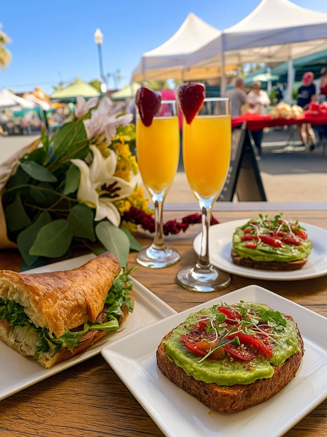 ✨ Saturday mornings made perfect ✨
Farmers Market 8am&ndash;1ish &rarr; $5 mimosas 🍊🥂, fresh breakfast bites (croissant sandwich 🥐 + avocado toast 🥑), and the prettiest flowers 🌸 waiting just across the street from our patio. Start your weekend 